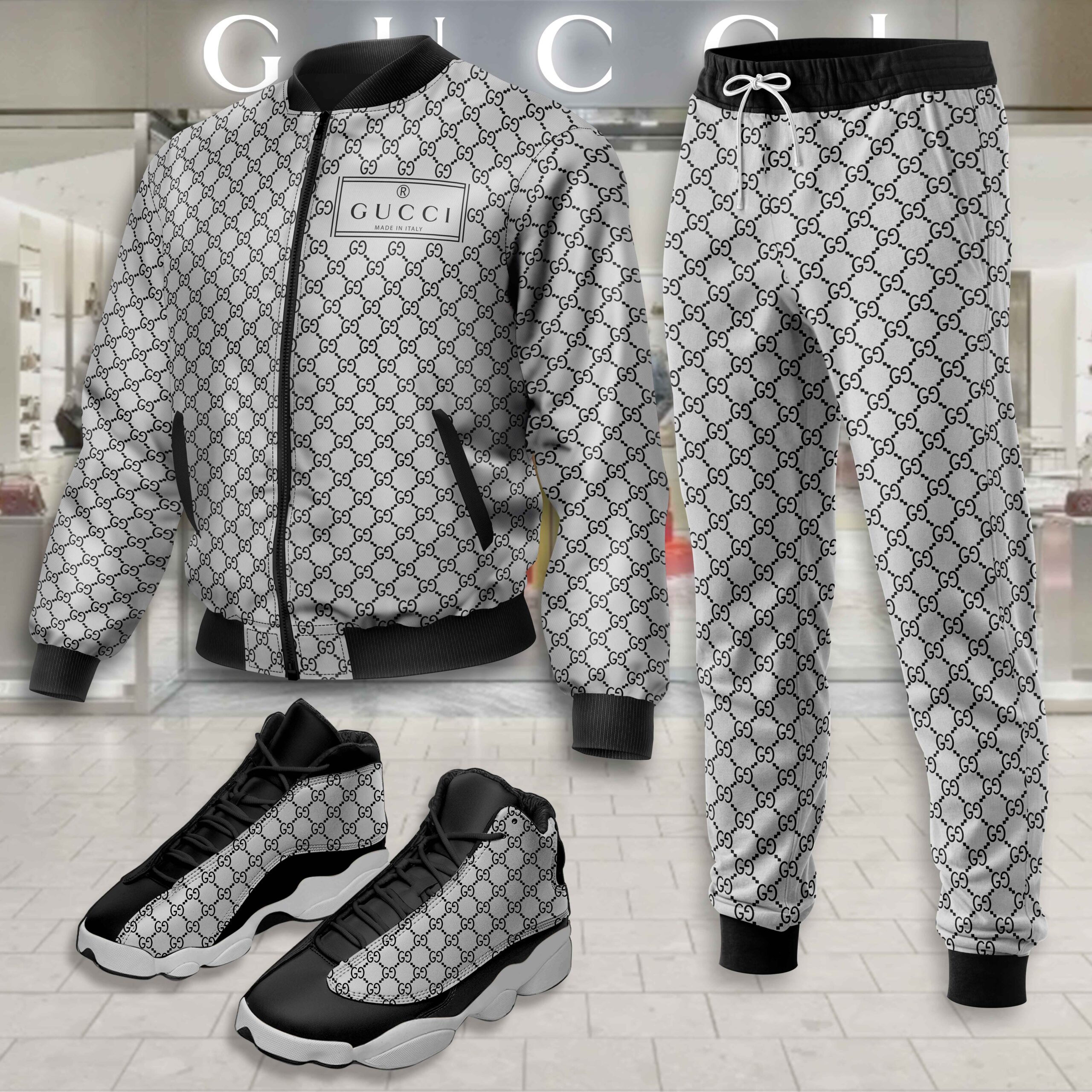Gucci GC Logo Stripe Grey Luxury Brand Premium Varsity Tracksuit Set Fashion Collection Special Style