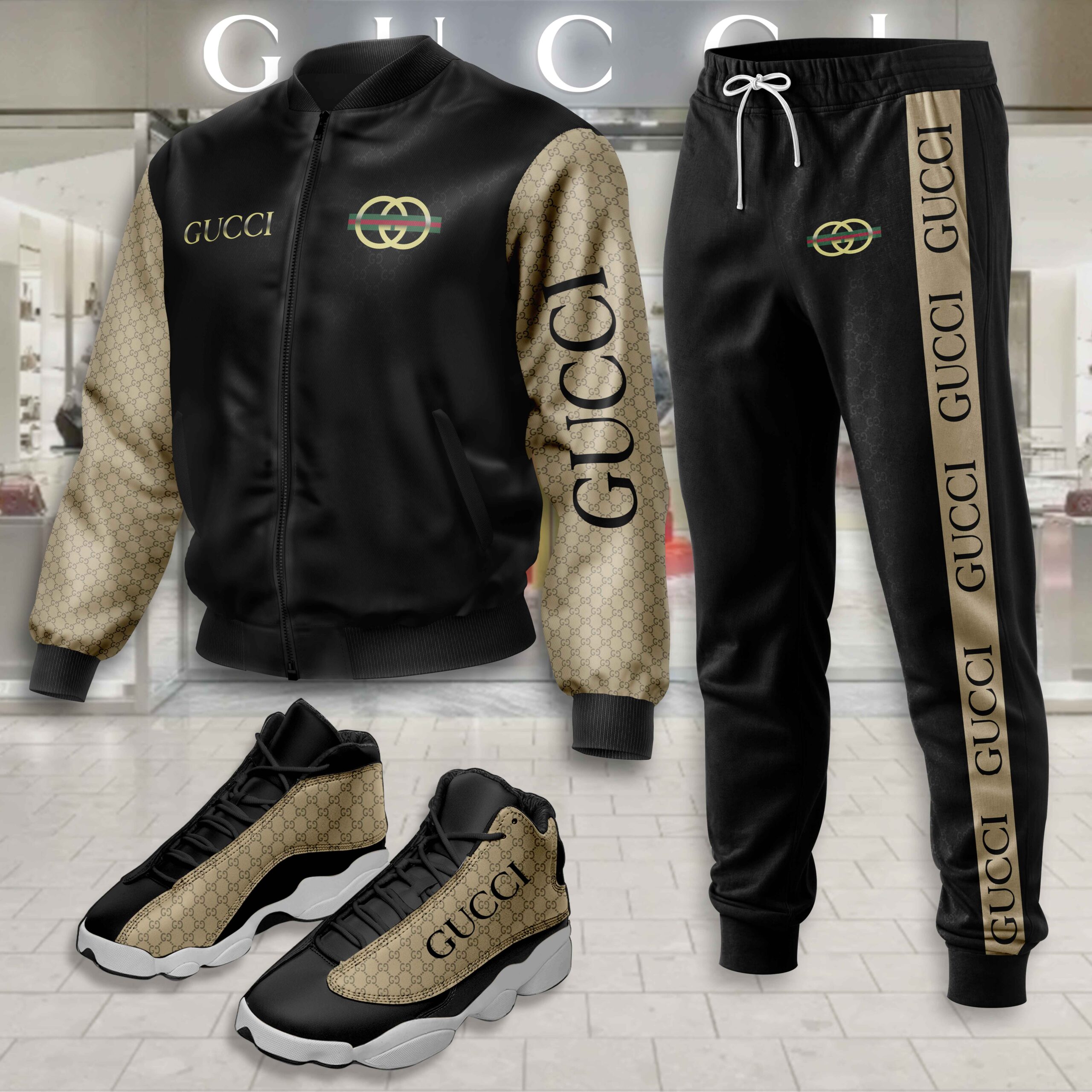 Gucci GC Logo Black Brown Luxury Brand Premium Varsity Tracksuit Set Fashion Collection Special Style