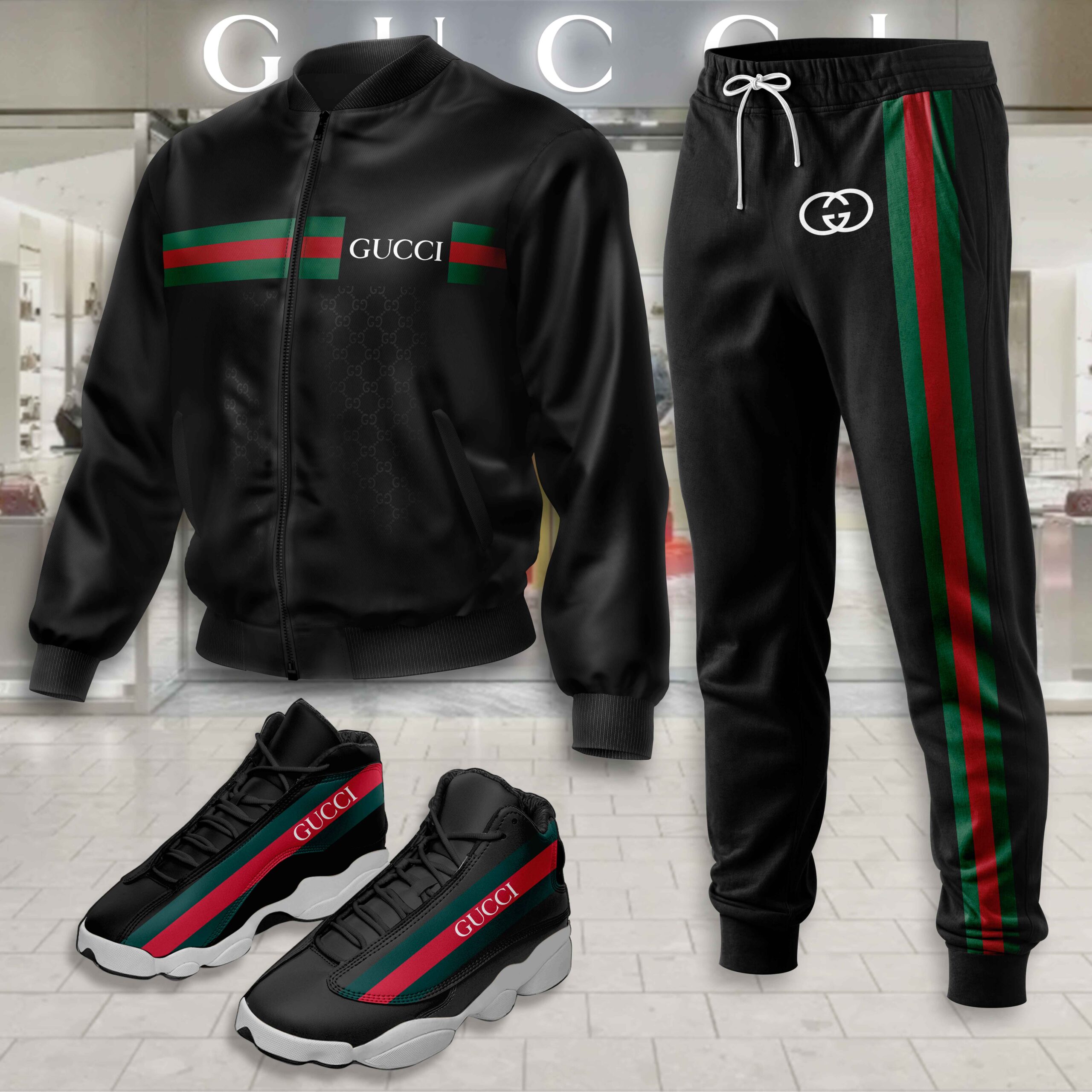 Gucci GC Logo Black Luxury Brand Premium Varsity Tracksuit Set Fashion Collection Special Style