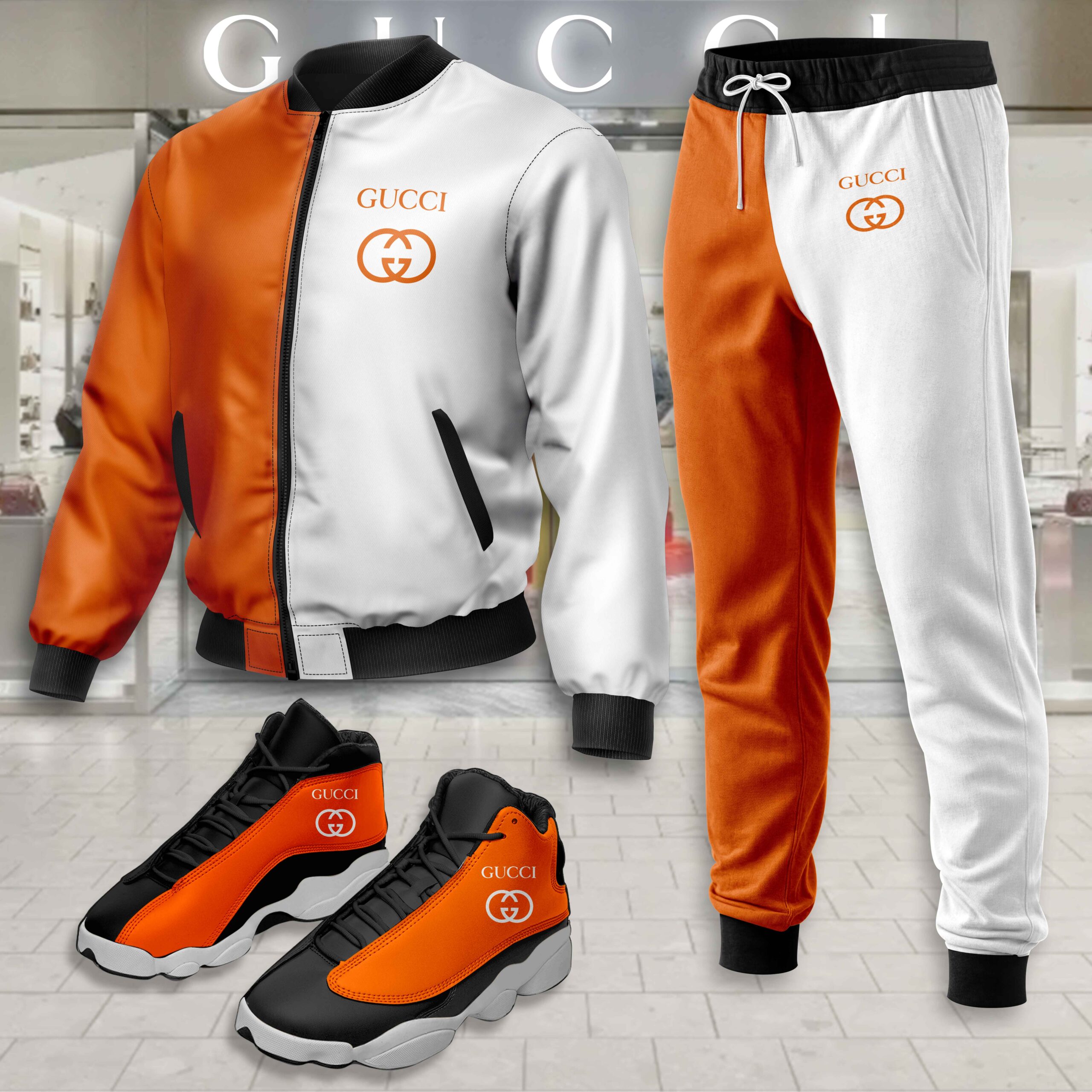 Gucci GC Logo Orange White Luxury Brand Premium Varsity Tracksuit Set Fashion Collection Special Style