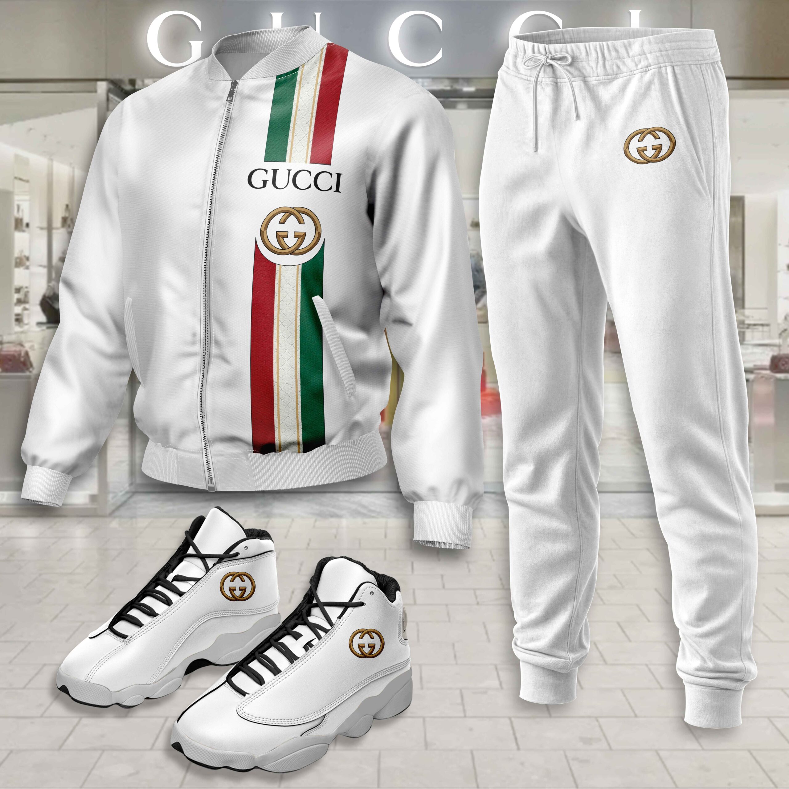 Gucci Logo White Luxury Brand Premium Varsity Tracksuit Set Fashion Collection Special Style
