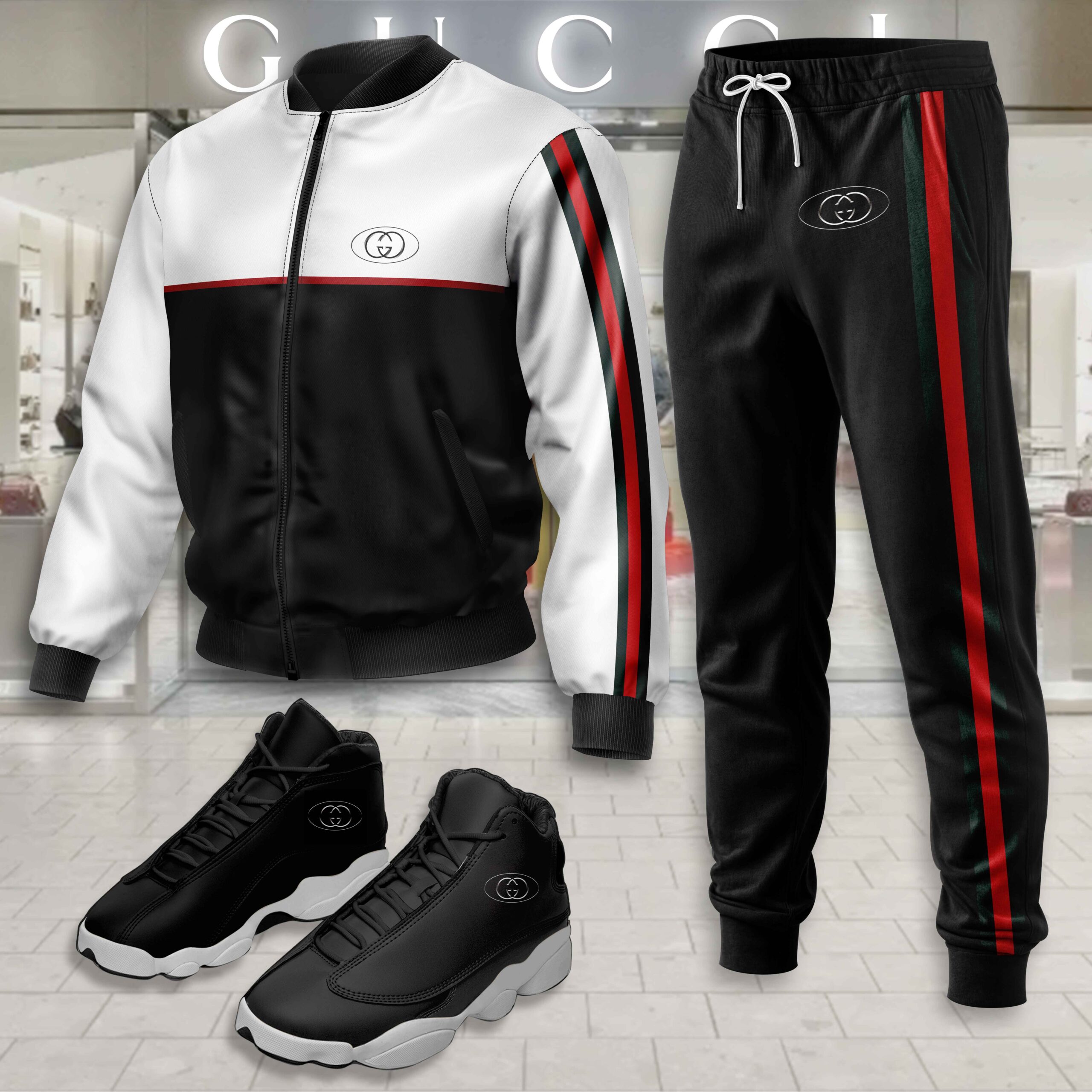 Gucci Logo Black White Luxury Brand Premium Varsity Tracksuit Set Fashion Collection Special Style