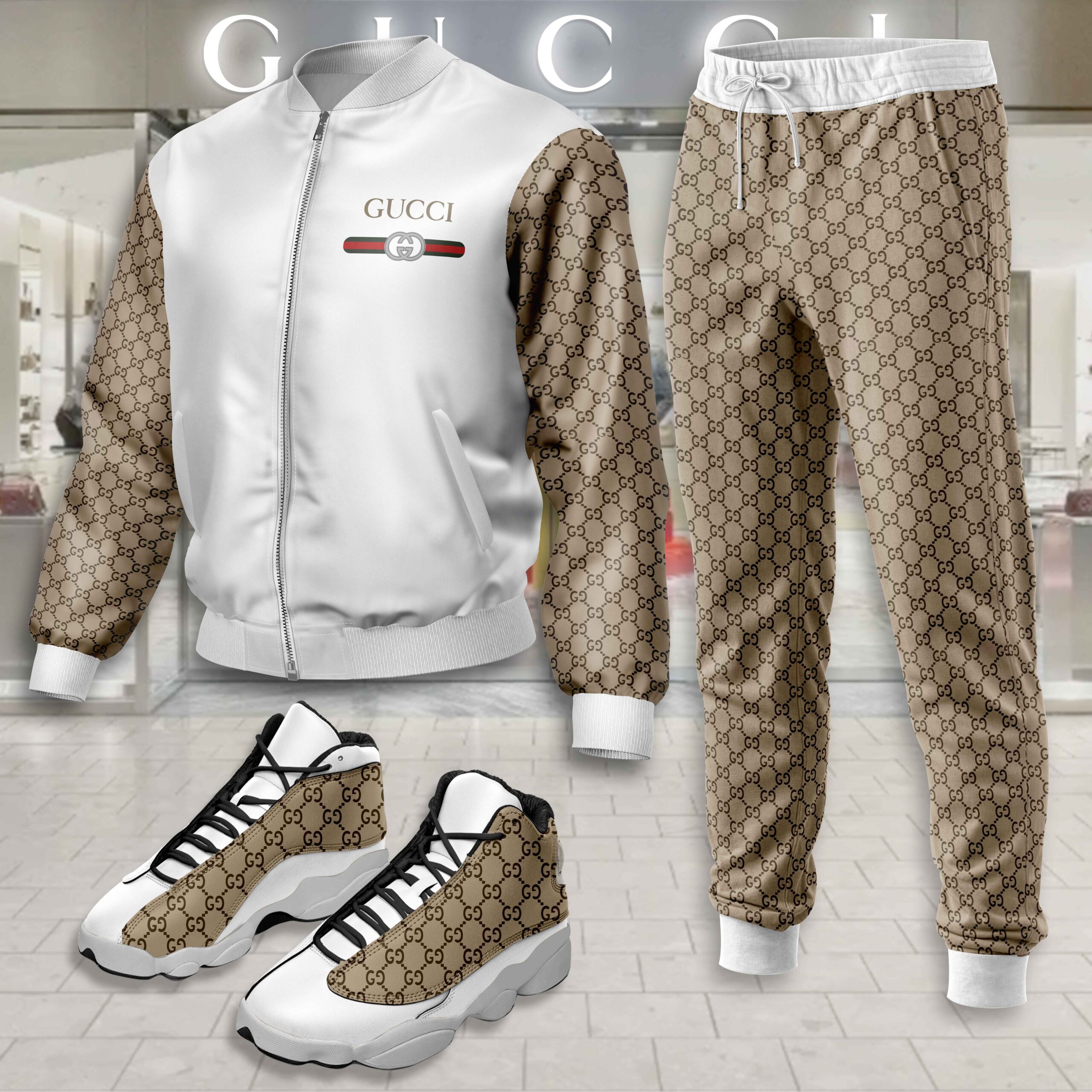 Gucci Logo Brown White Luxury Brand Premium Varsity Tracksuit Set Fashion Collection Special Style