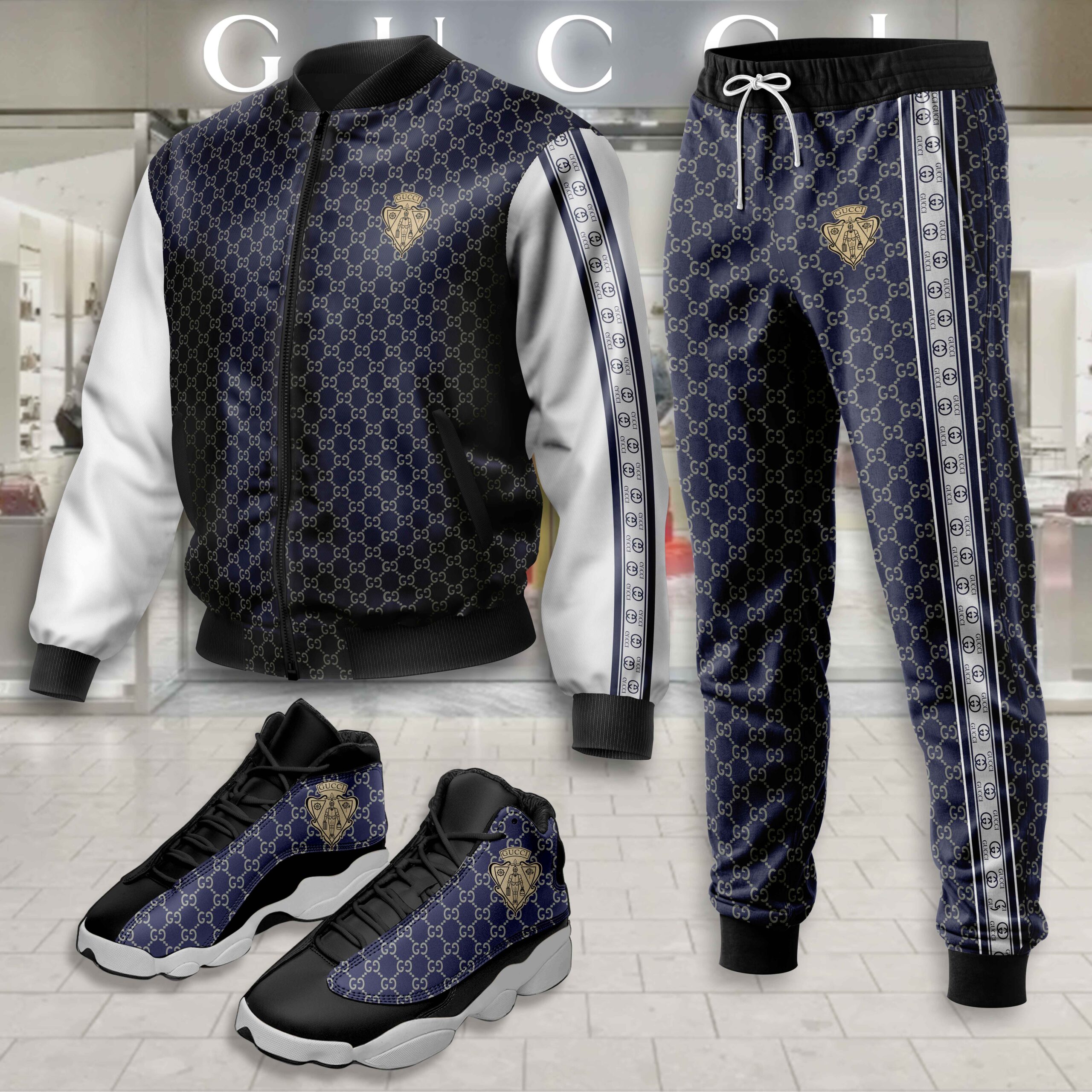 Gucci Logo Blue White Luxury Brand Premium Varsity Tracksuit Set Fashion Collection Special Style