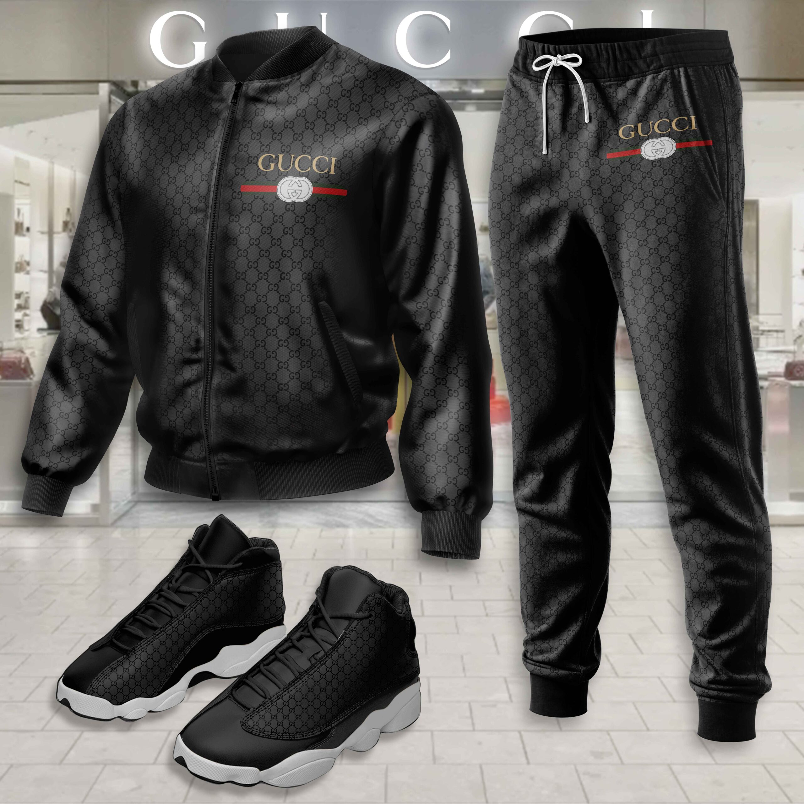 Gucci Logo Black Luxury Brand Premium Varsity Tracksuit Set Fashion Collection Special Style
