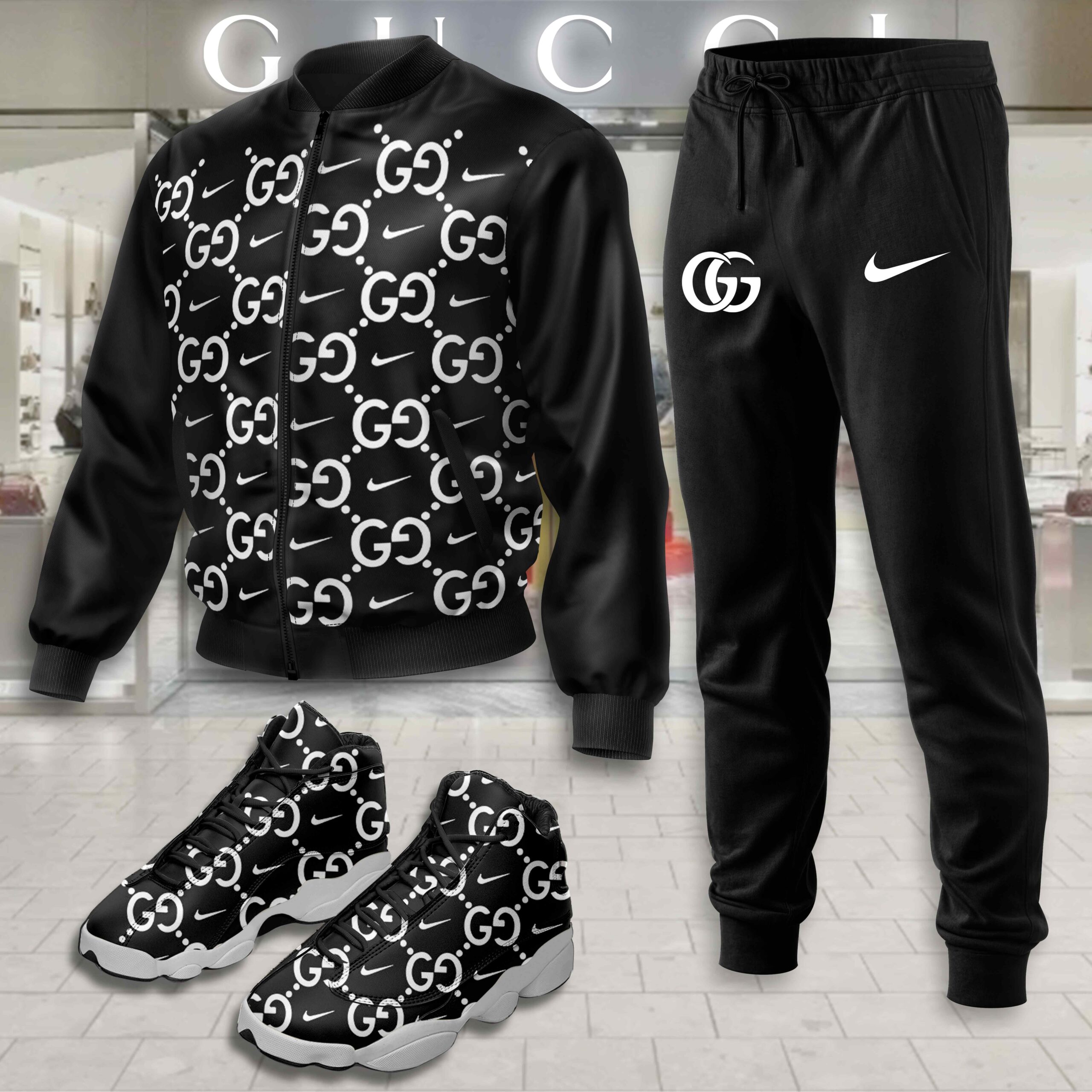 Gucci Nike Black Luxury Brand Premium Varsity Tracksuit Set Fashion Collection Special Style