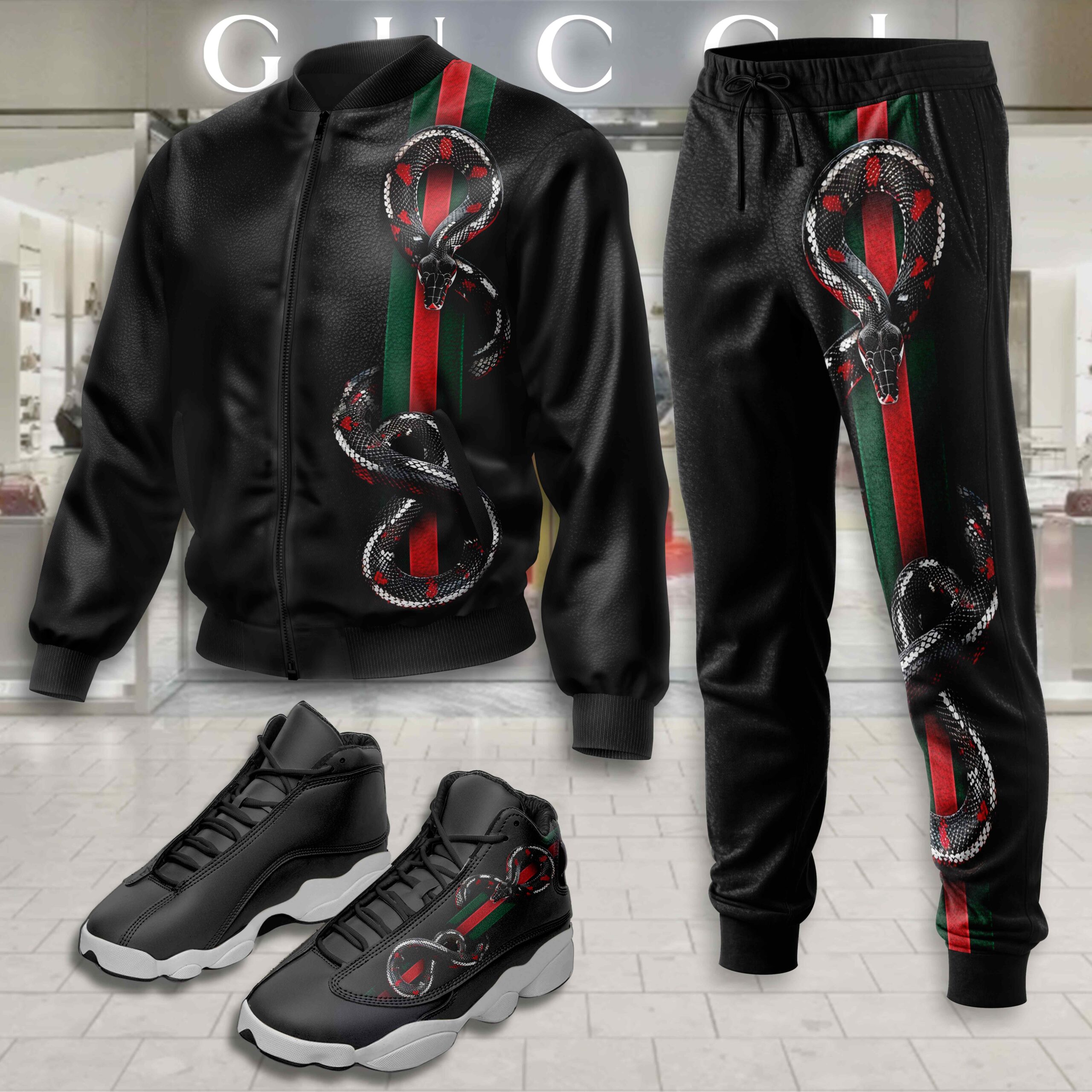 Gucci Snake Black Luxury Brand Premium Varsity Tracksuit Set Fashion Collection Special Style