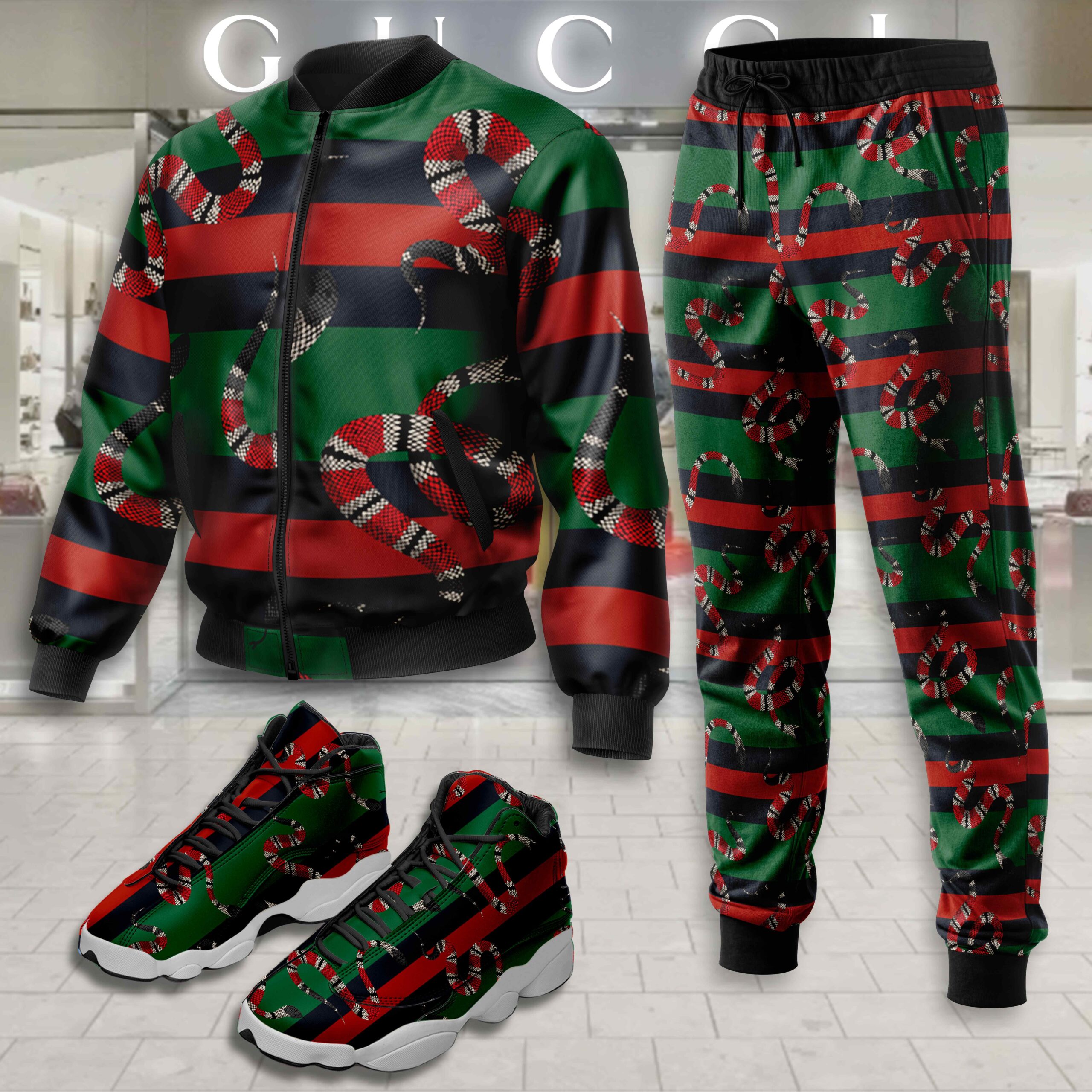 Gucci Snake Red Green Black Luxury Brand Premium Varsity Tracksuit Set Fashion Collection Special Style