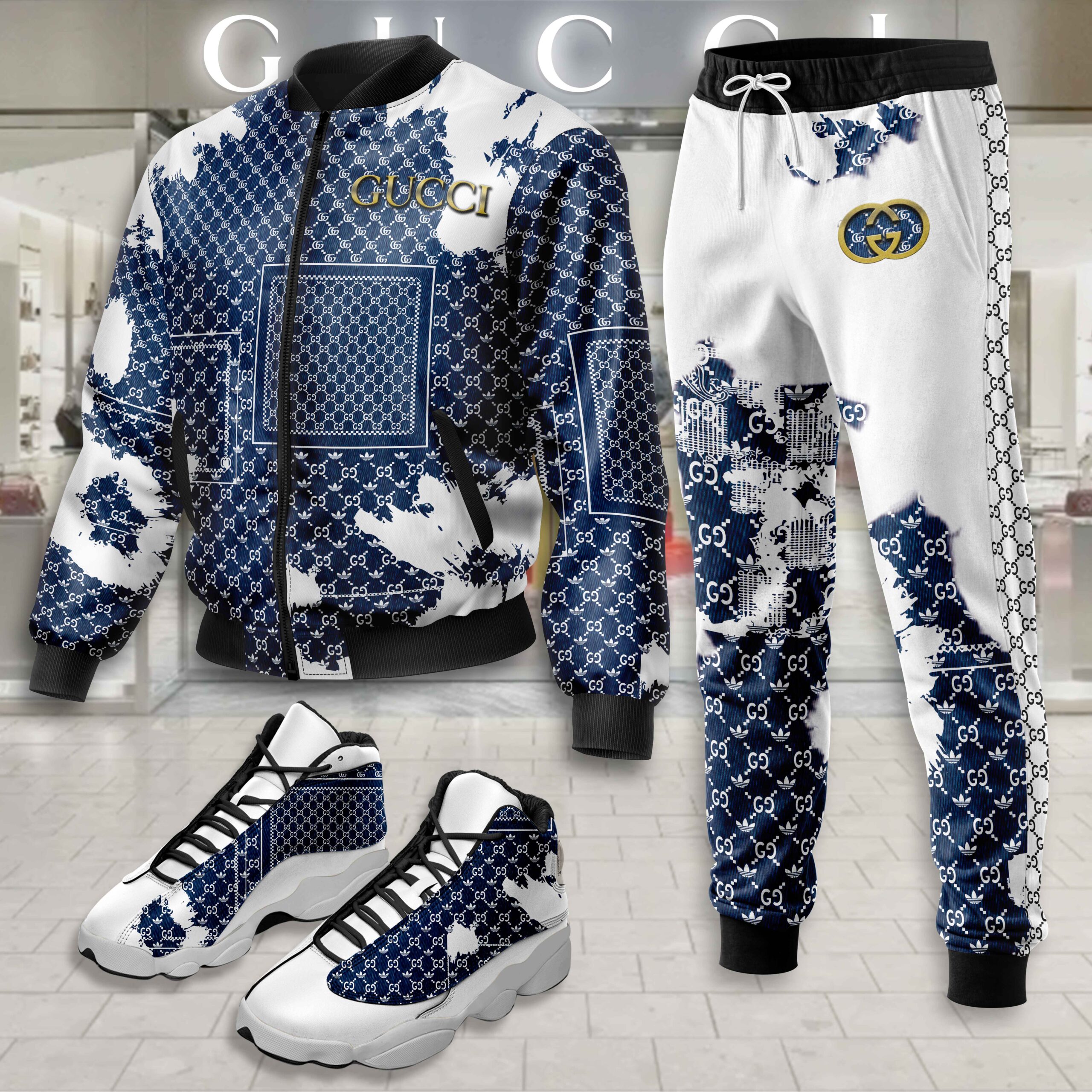 Gucci Blue White Luxury Brand Premium Varsity Tracksuit Set Fashion Collection Special Style