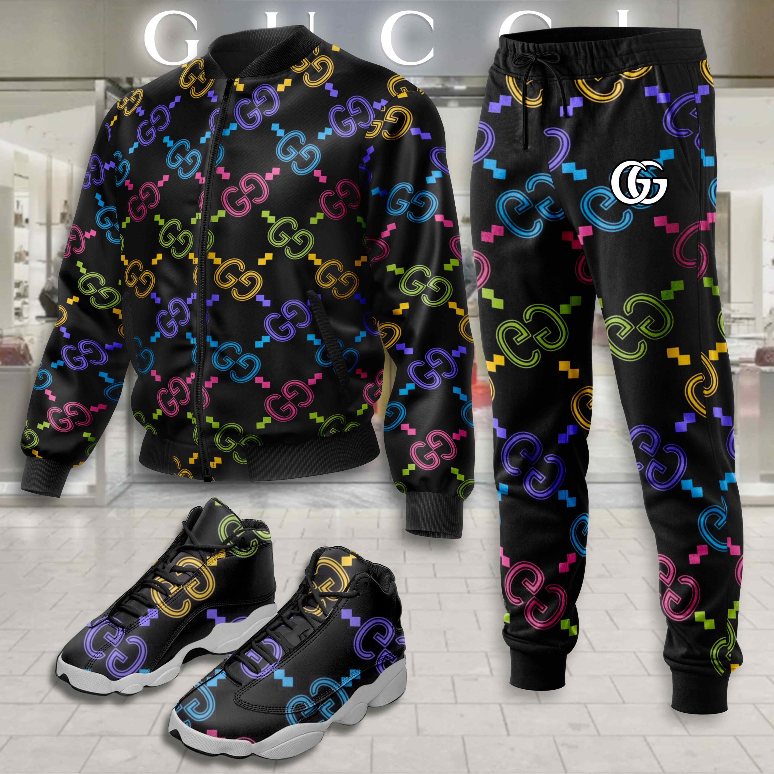 Gucci Colorful Logo Black Luxury Brand Premium Varsity Tracksuit Set Fashion Collection Special Style