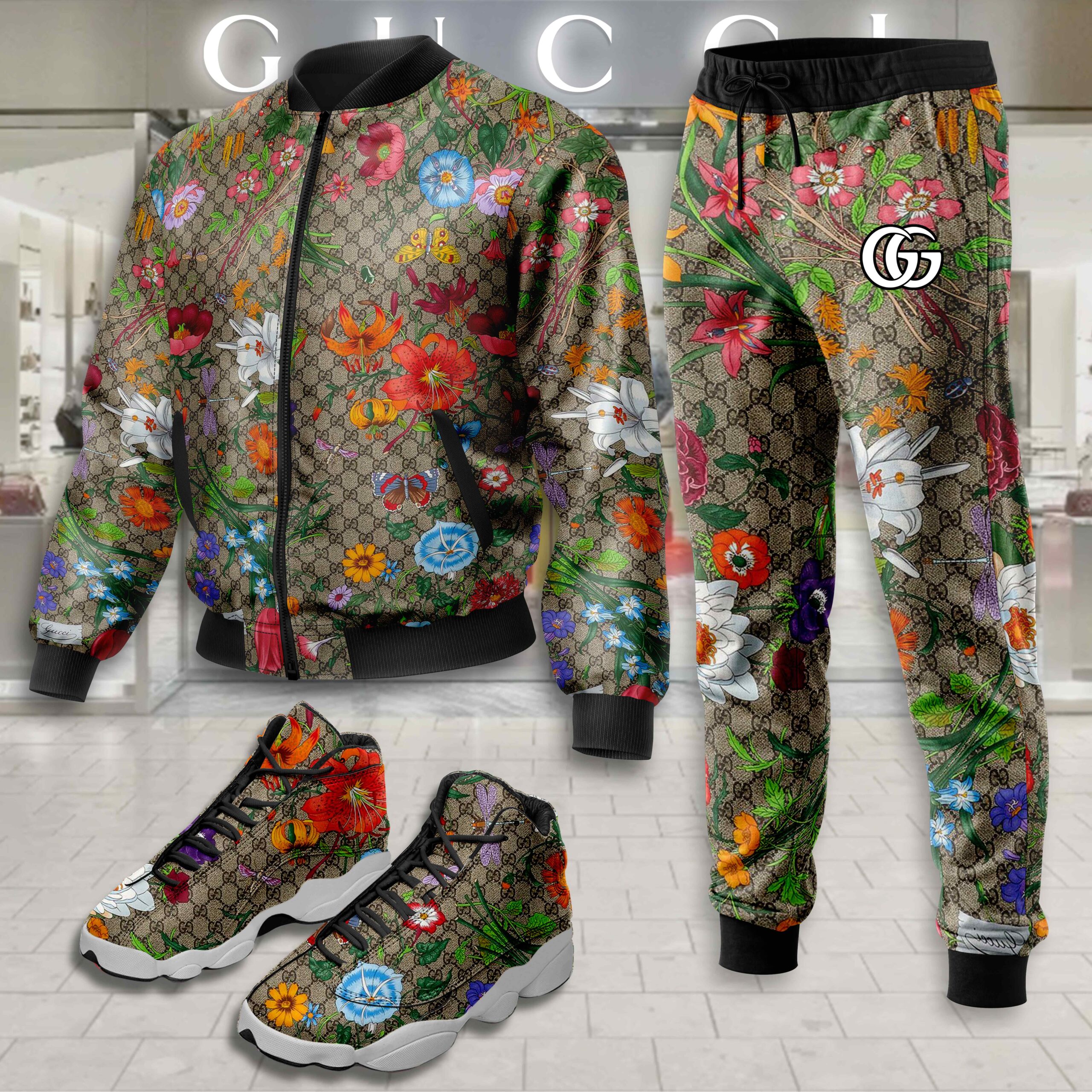 Gucci Flowers Brown Luxury Brand Premium Varsity Tracksuit Set Fashion Collection Special Style
