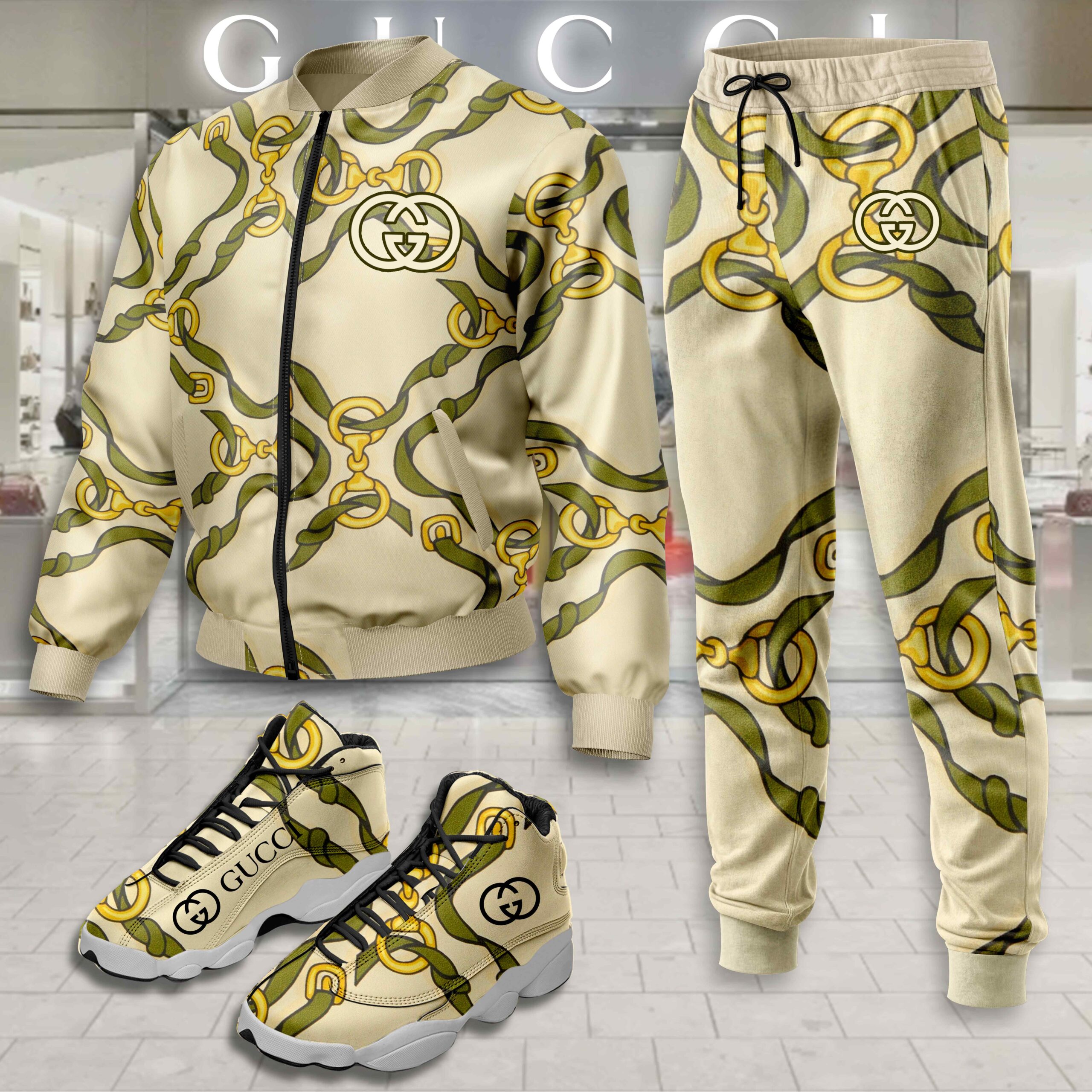 Gucci Pattern Beige Luxury Brand Premium Varsity Tracksuit Set Fashion Collection Special Style