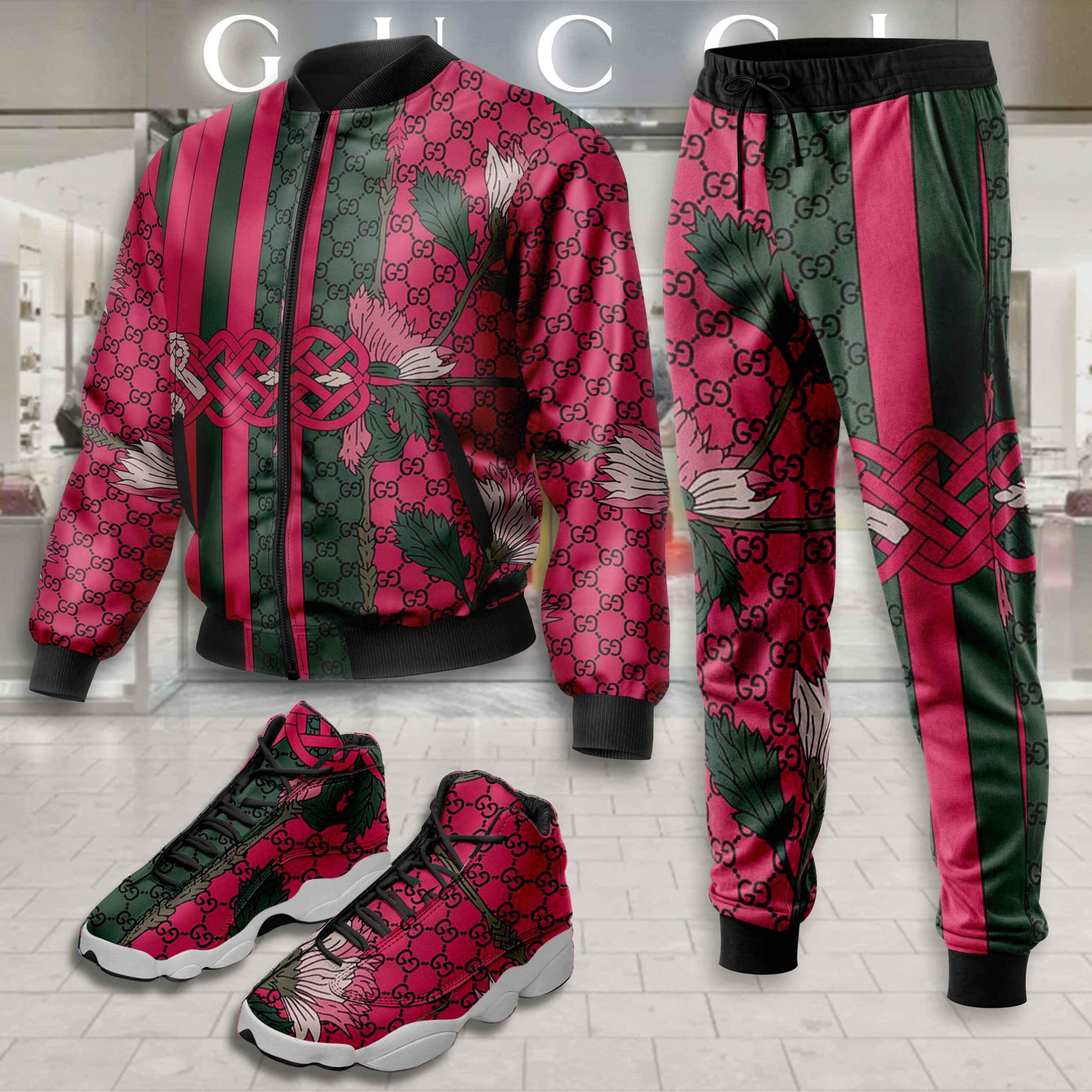 Gucci Pattern Luxury Brand Premium Varsity Tracksuit Set Fashion Collection Special Style