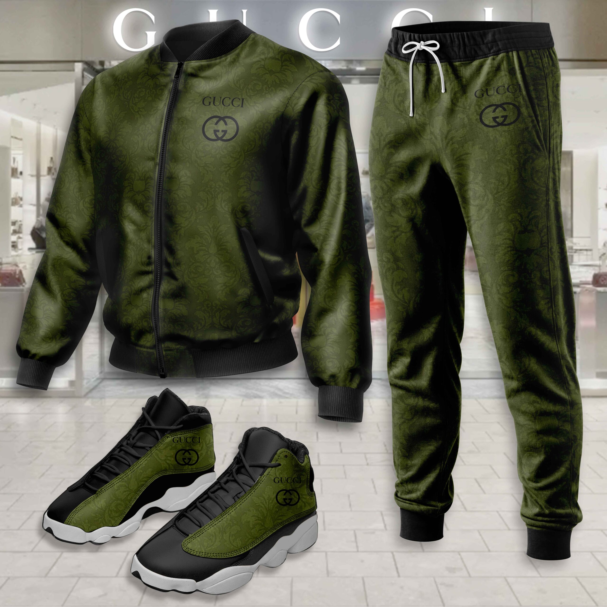 Gucci Pattern Green Luxury Brand Premium Varsity Tracksuit Set Fashion Collection Special Style
