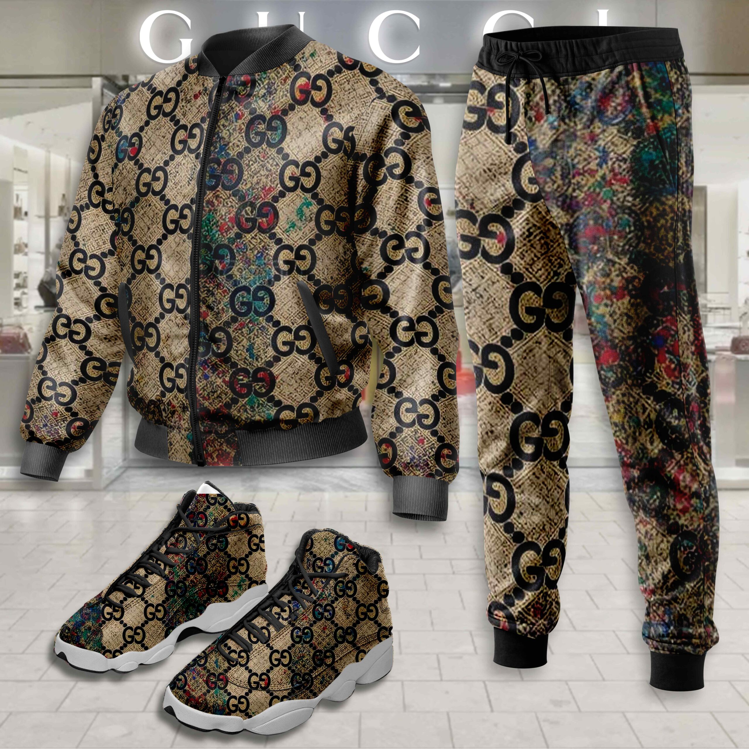 Gucci Pattern Brown Luxury Brand Premium Varsity Tracksuit Set Fashion Collection Special Style