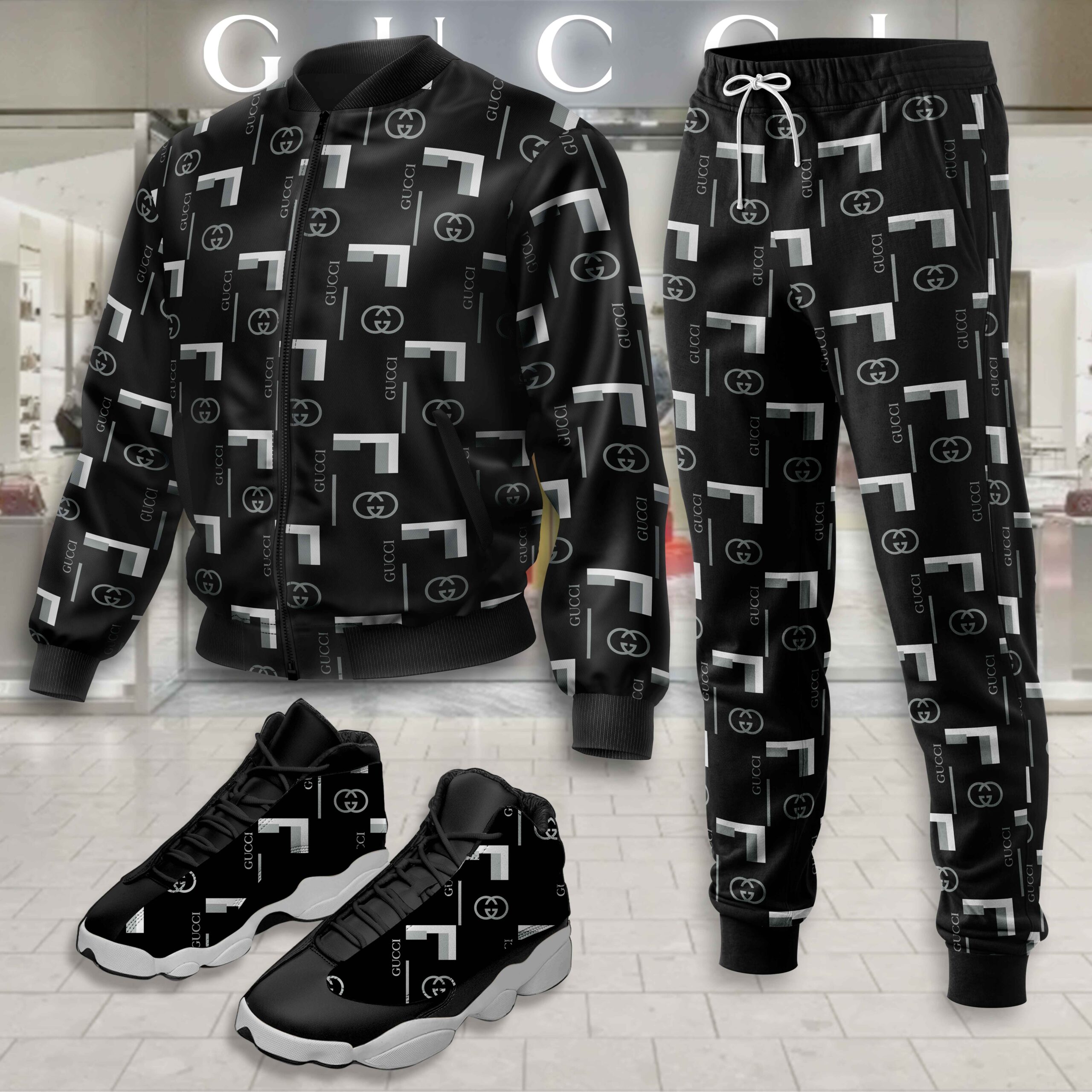 Gucci Logo Pattern Black Luxury Brand Premium Varsity Tracksuit Set Fashion Collection Special Style