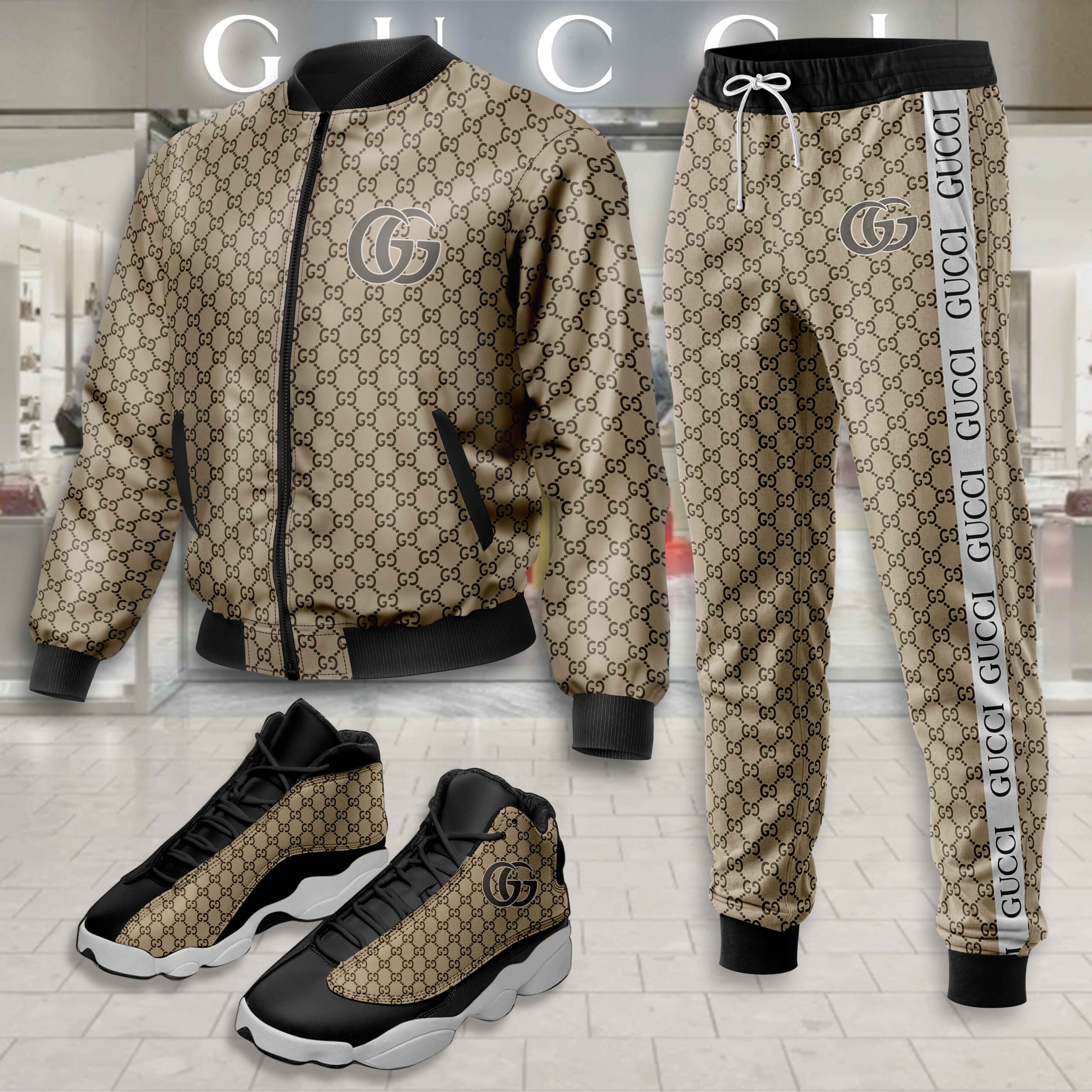 Gucci Stripe Brown Luxury Brand Premium Varsity Tracksuit Set Fashion Collection Special Style
