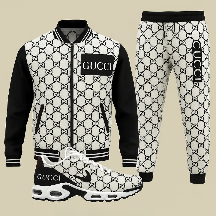 Gucci Stripe Black White Luxury Brand Premium Varsity Tracksuit Set Fashion Collection Special Style