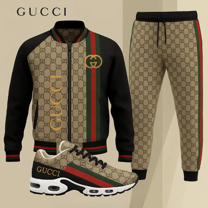 Gucci Stripe Black Brown Luxury Brand Premium Varsity Tracksuit Set Fashion Collection Special Style