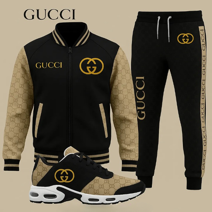 Gucci Black Brown Luxury Brand Premium Varsity Tracksuit Set Fashion Collection Special Style
