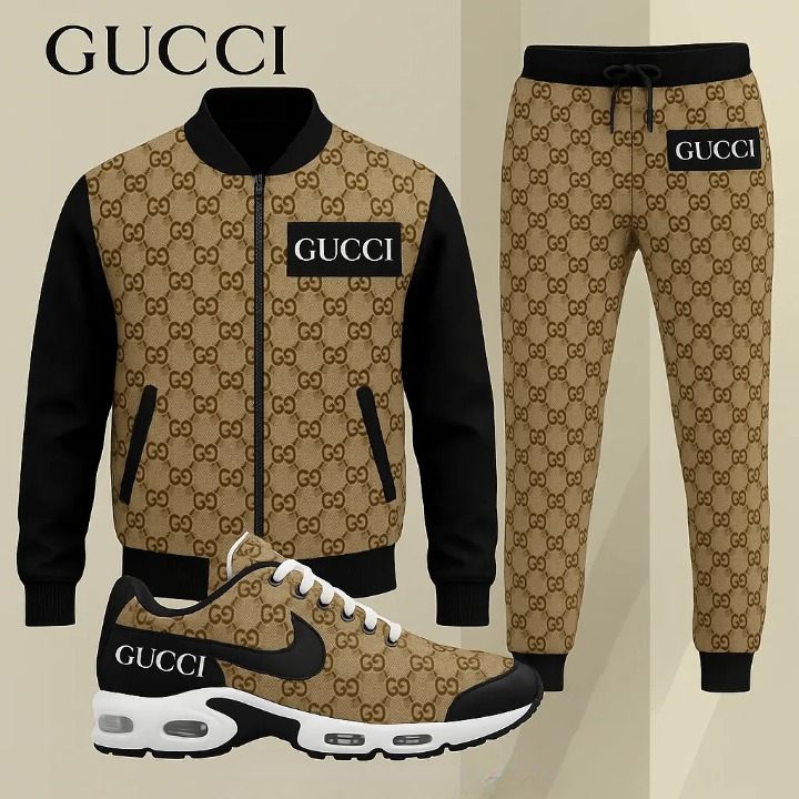 Gucci Stripe Brown Luxury Brand Premium Varsity Tracksuit Set Fashion Style Special Collection