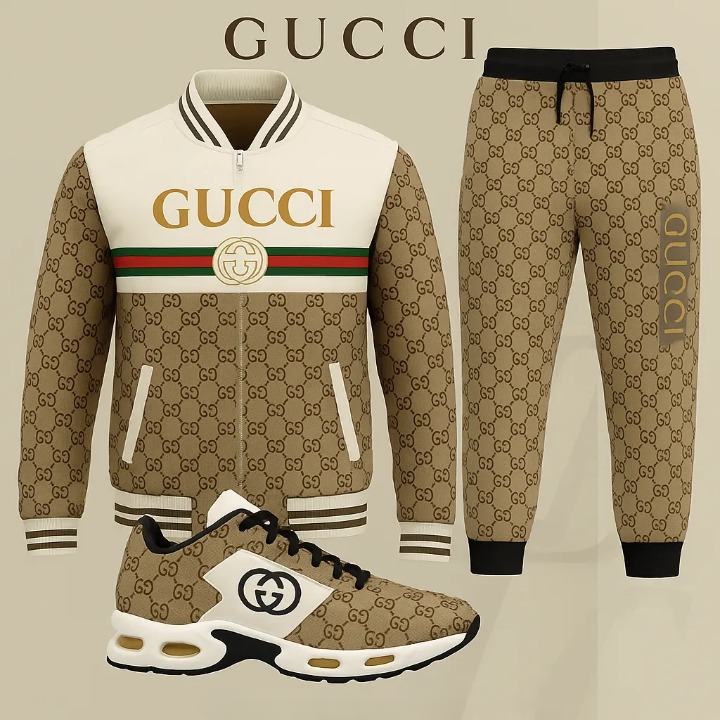 Gucci White Brown Luxury Brand Premium Varsity Tracksuit Set Fashion Style Special Collection