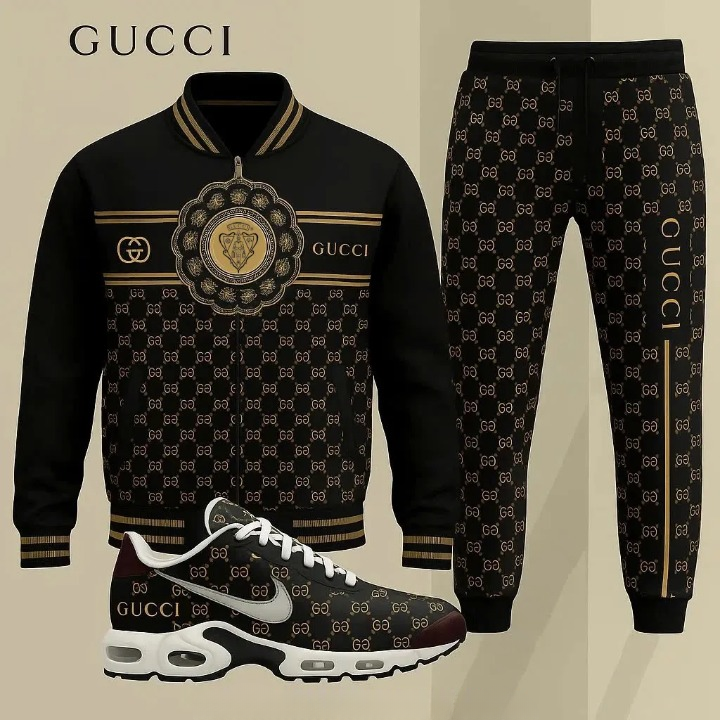 Gucci Black Luxury Brand Premium Varsity Tracksuit Set Fashion Style Special Collection