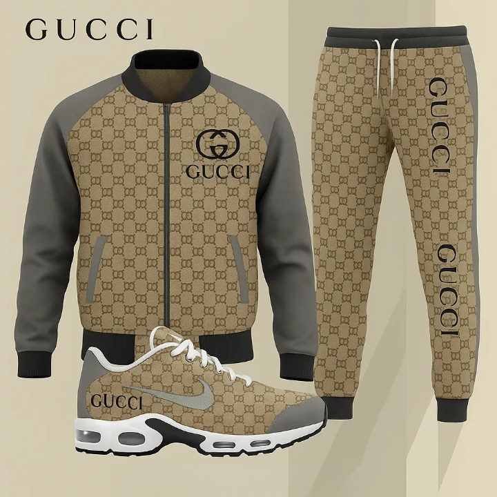 Gucci Brown Grey Luxury Brand Premium Varsity Tracksuit Set Fashion Style Special Collection