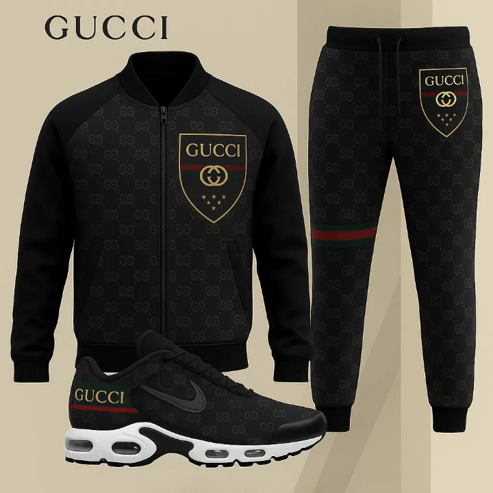 Gucci GC Black Luxury Brand Premium Varsity Tracksuit Set Fashion Style Special Collection