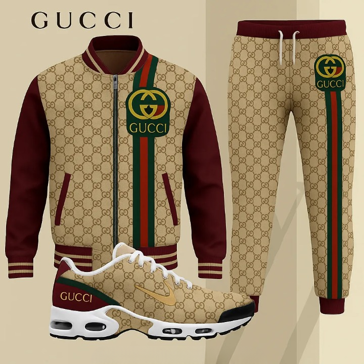 Gucci GC Red Brown Luxury Brand Premium Varsity Tracksuit Set Fashion Style Special Collection