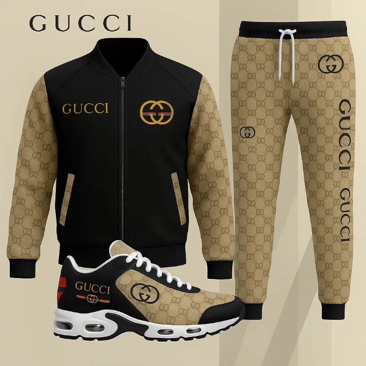 Gucci GC Black Brown Luxury Brand Premium Varsity Tracksuit Set Fashion Style Special Collection