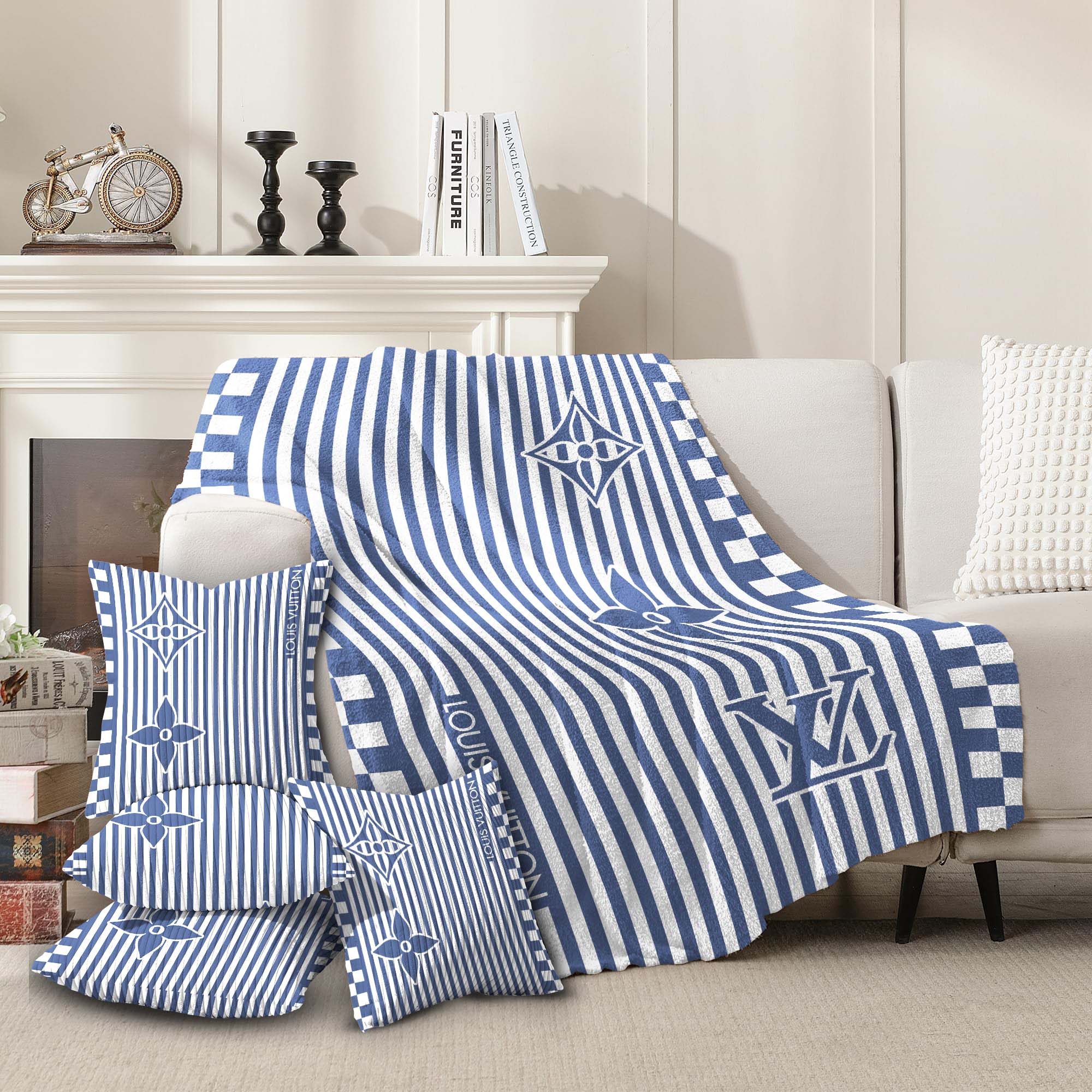 Louis Vuitton LV Stripe Blue Luxury Brand Premium Blanket Fleece Home Decor Special Fashion Collection