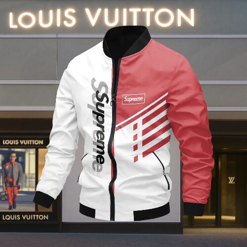 Louis Vuitton Supreme Red White Luxury Brand Varsity Jacket Premium Fashion Style Collection Special Outfits
