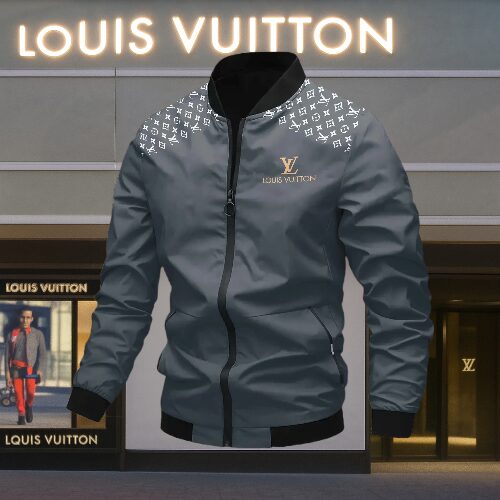 Louis Vuitton Logo Grey Luxury Brand Varsity Jacket Premium Fashion Style Collection Special Outfits