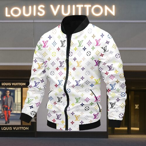 Louis Vuitton Colorful Logo White Luxury Brand Varsity Jacket Premium Fashion Style Collection Special Outfits