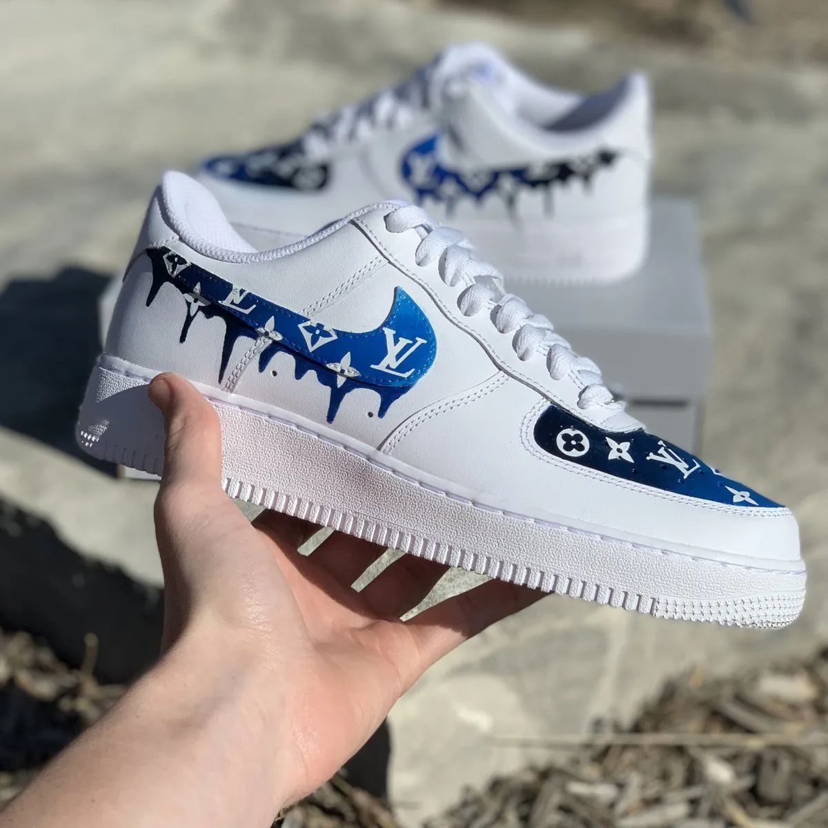 Louis Vuitton Nike Blue Logo White Luxury Brand Air Force 1 Sneakers Premium Shoes Fashion Style Collection For Men Women