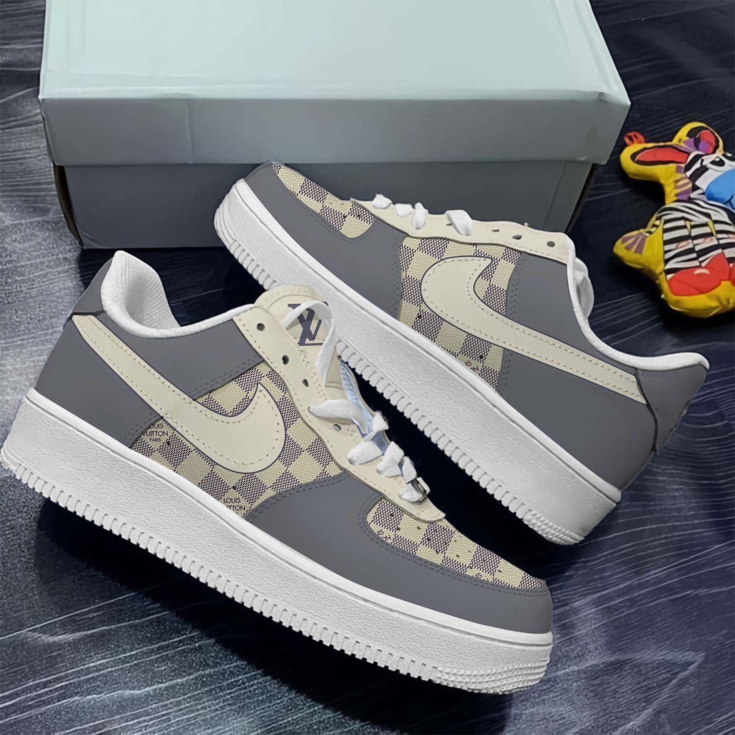 Louis Vuitton Nike Logo Beige Grey Luxury Brand Air Force 1 Sneakers Premium Shoes Fashion Style Collection For Men Women