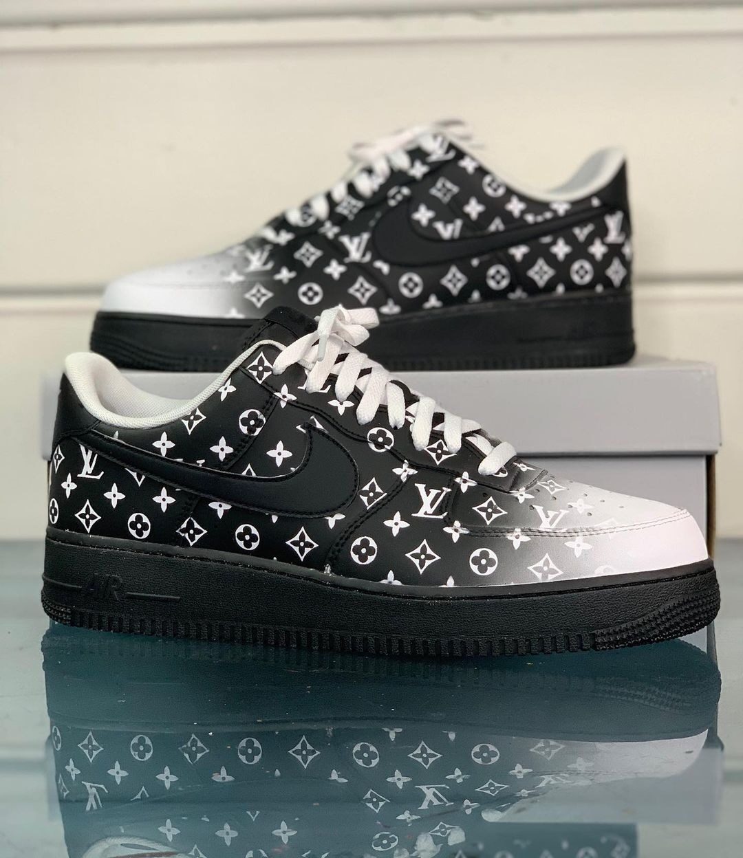 Louis Vuitton Nike Logo Black White Gradient Luxury Brand Air Force 1 Sneakers Premium Shoes Fashion Style Collection For Men Women