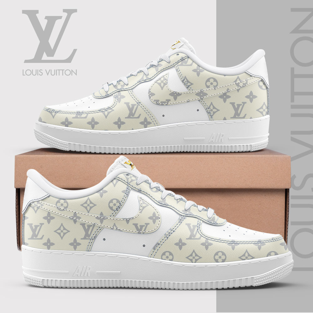 Louis Vuitton Nike White Beige Luxury Brand Air Force 1 Sneakers Premium Shoes Fashion Style Collection For Men Women