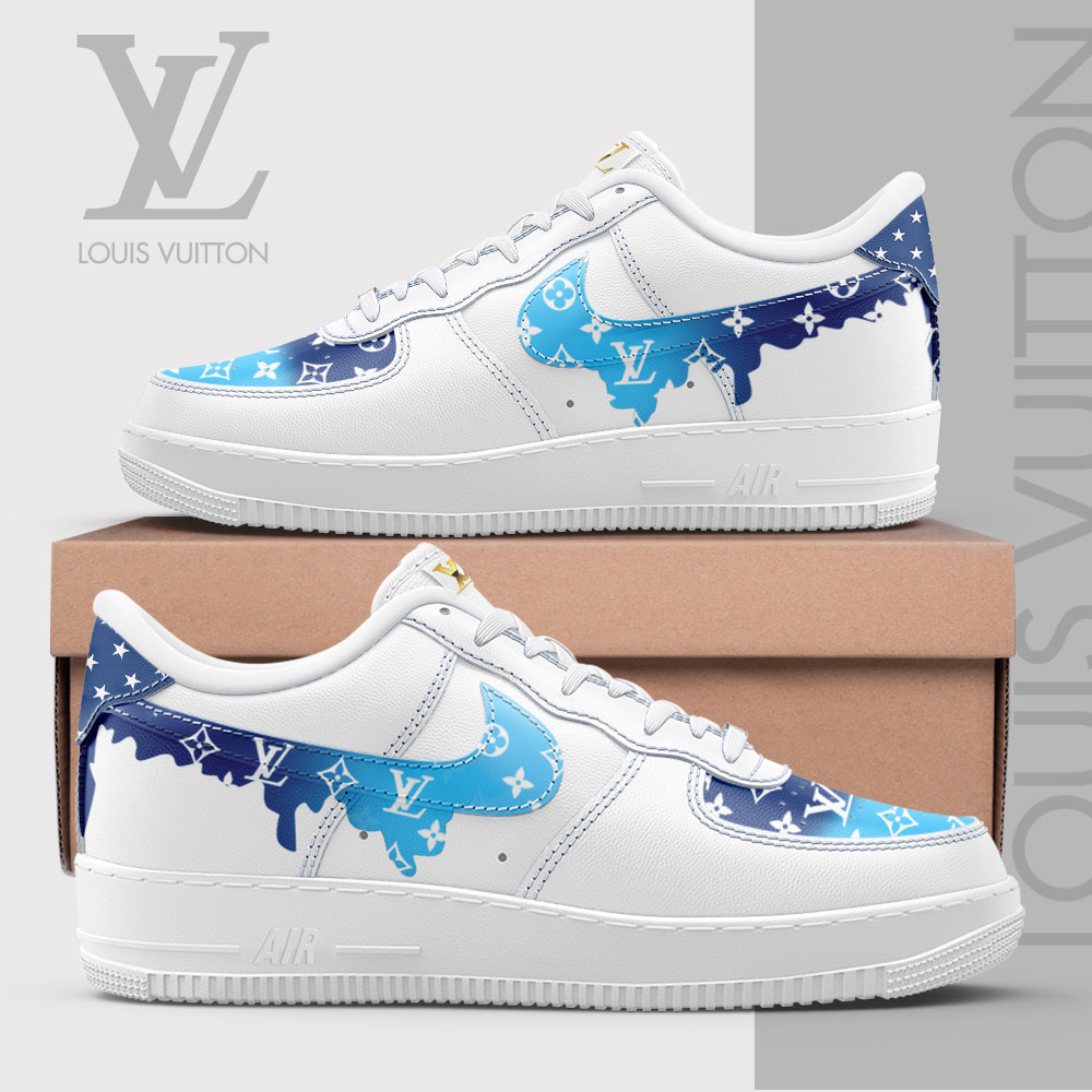 Louis Vuitton Nike Blue Logo White Luxury Brand Air Force 1 Sneakers Premium Shoes Fashion Style Limited Collection For Men Women