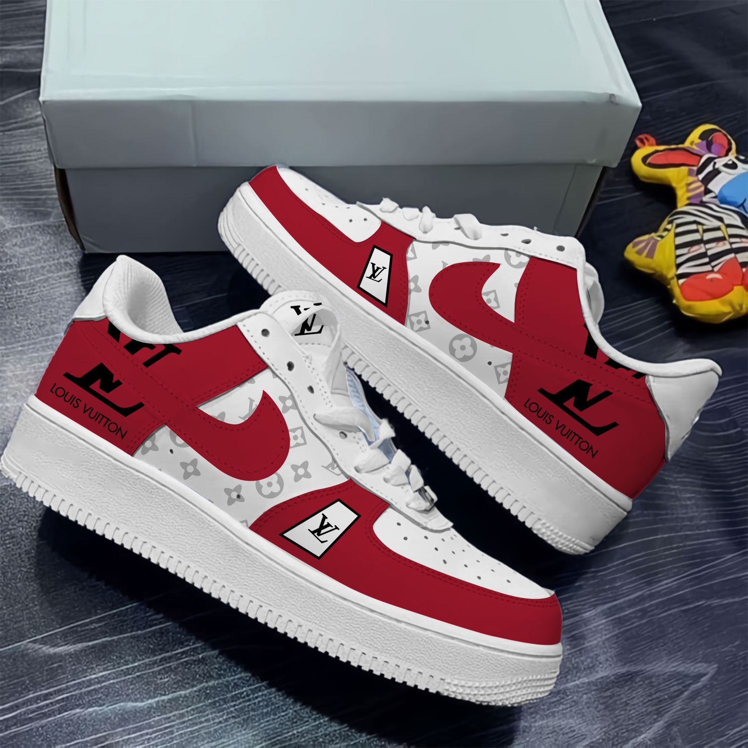 Louis Vuitton Nike Red Luxury Brand Air Force 1 Sneakers Premium Fashion Style Shoes Limited Collection For Men Women