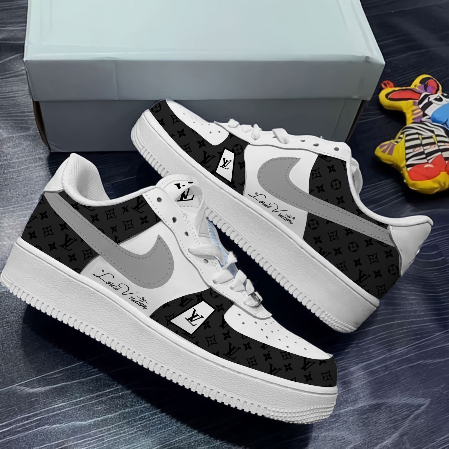 Louis Vuitton Nike Grey White Luxury Brand Air Force 1 Sneakers Premium Fashion Style Shoes Limited Collection For Men Women
