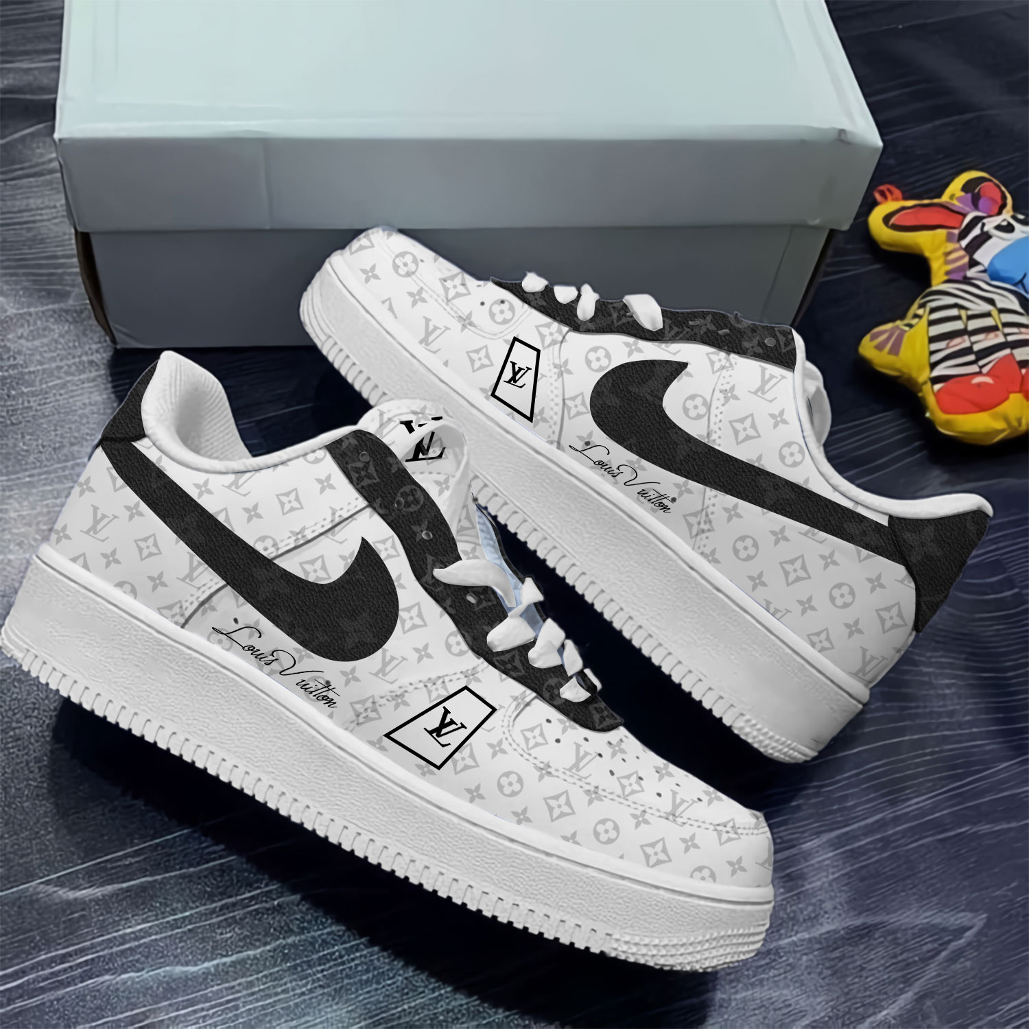 Louis Vuitton Nike Black Logo White Luxury Brand Air Force 1 Sneakers Premium Fashion Style Shoes Limited Collection For Men Women