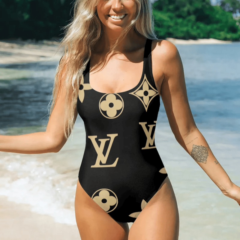 Louis Vuitton LV Yellow Logo Black Luxury Brand Premium Swimsuit Special Outfit For Women Summer Holiday
