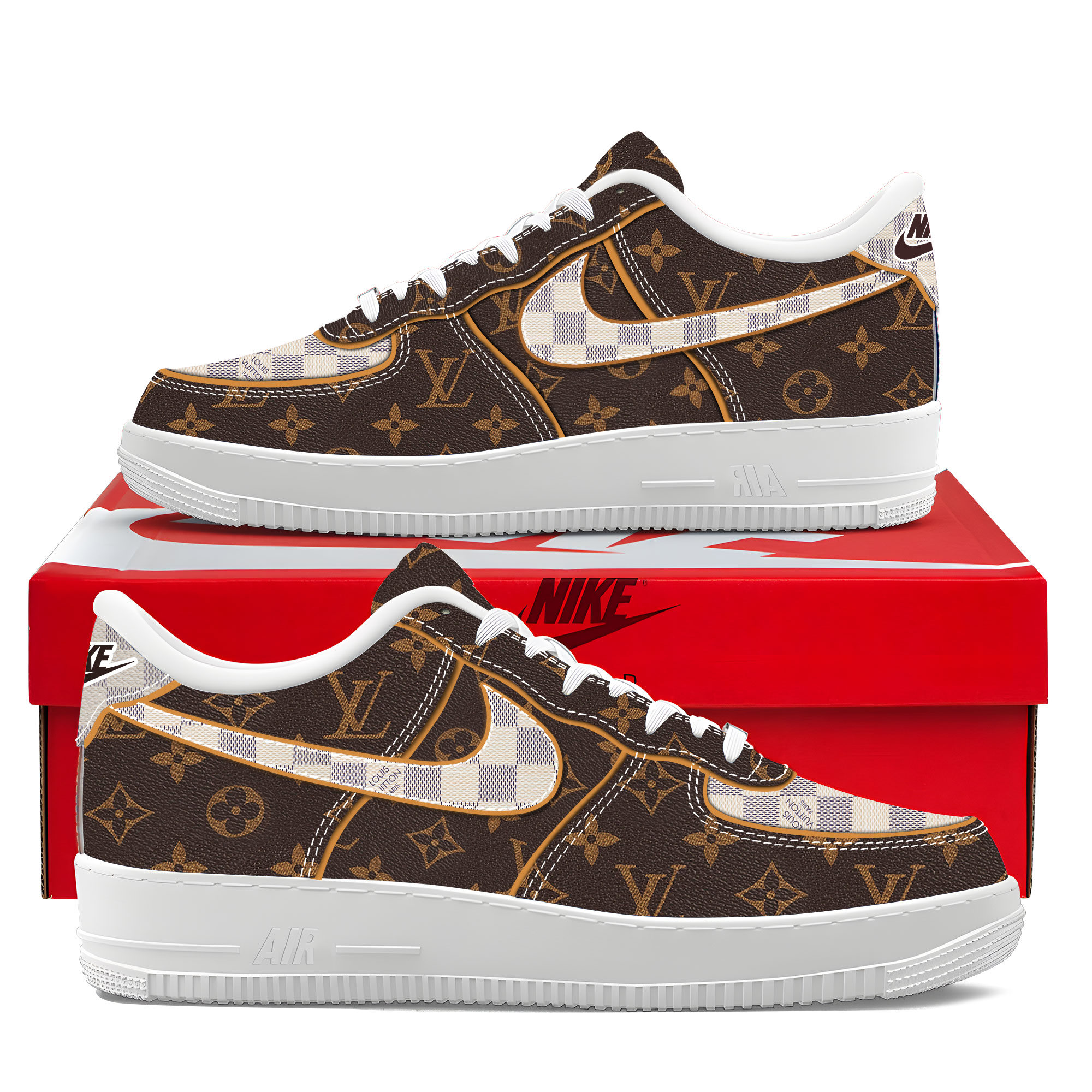 Louis Vuitton Nike Brown Luxury Brand Air Force 1 Sneakers Premium Style Shoes Limited Fashion Collection For Men Women
