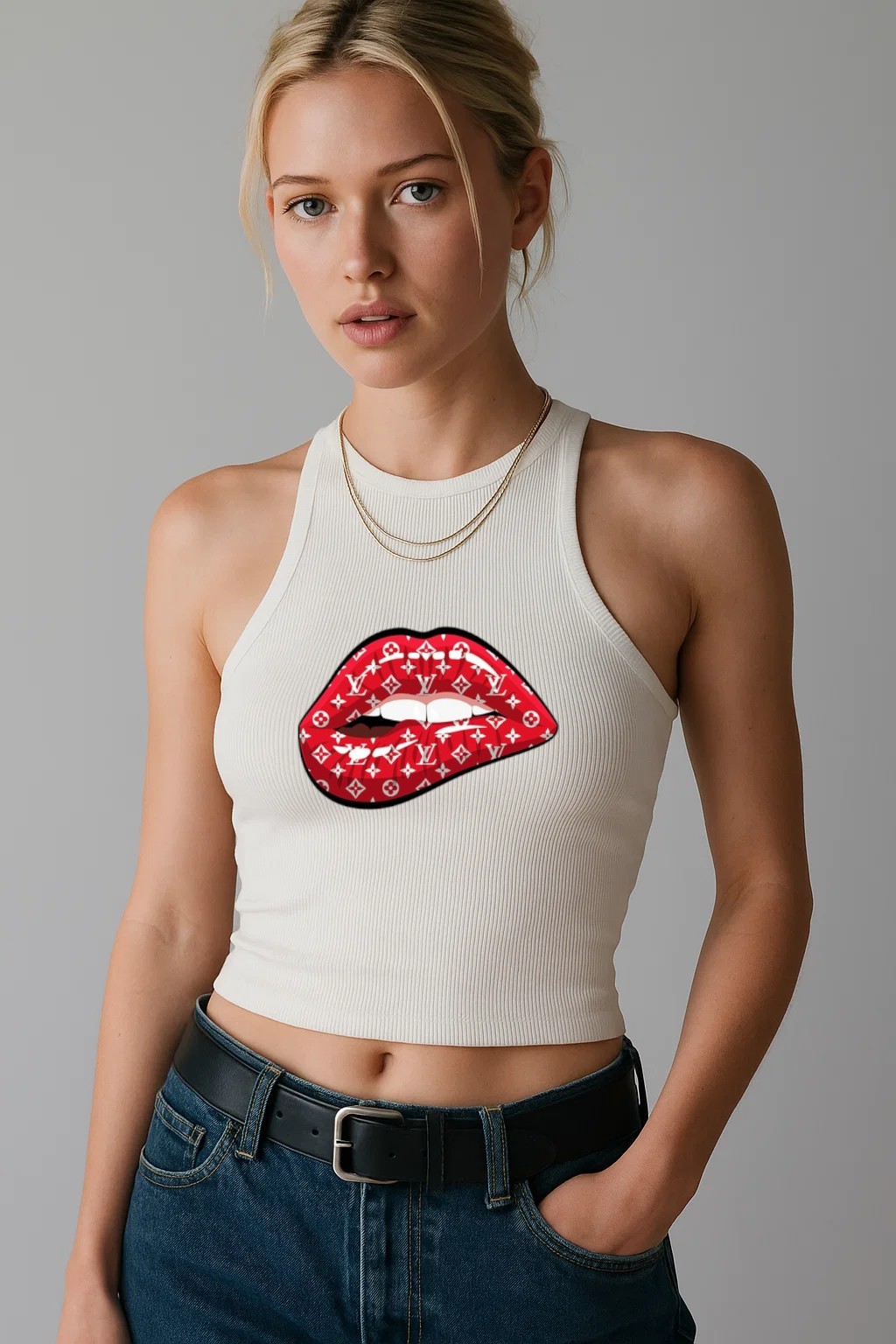 Louis Vuitton Red Lips White Luxury Brand Premium Women's Tank Tops Special Fashion Collection Outfit For Women