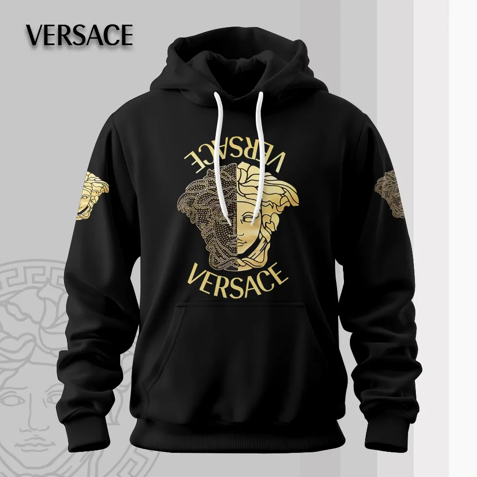 Versace Logo Medusa Pattern Grey Luxury Brand Premium Unisex Hoodie Special Fashion Collection Style Outfit For Men Women