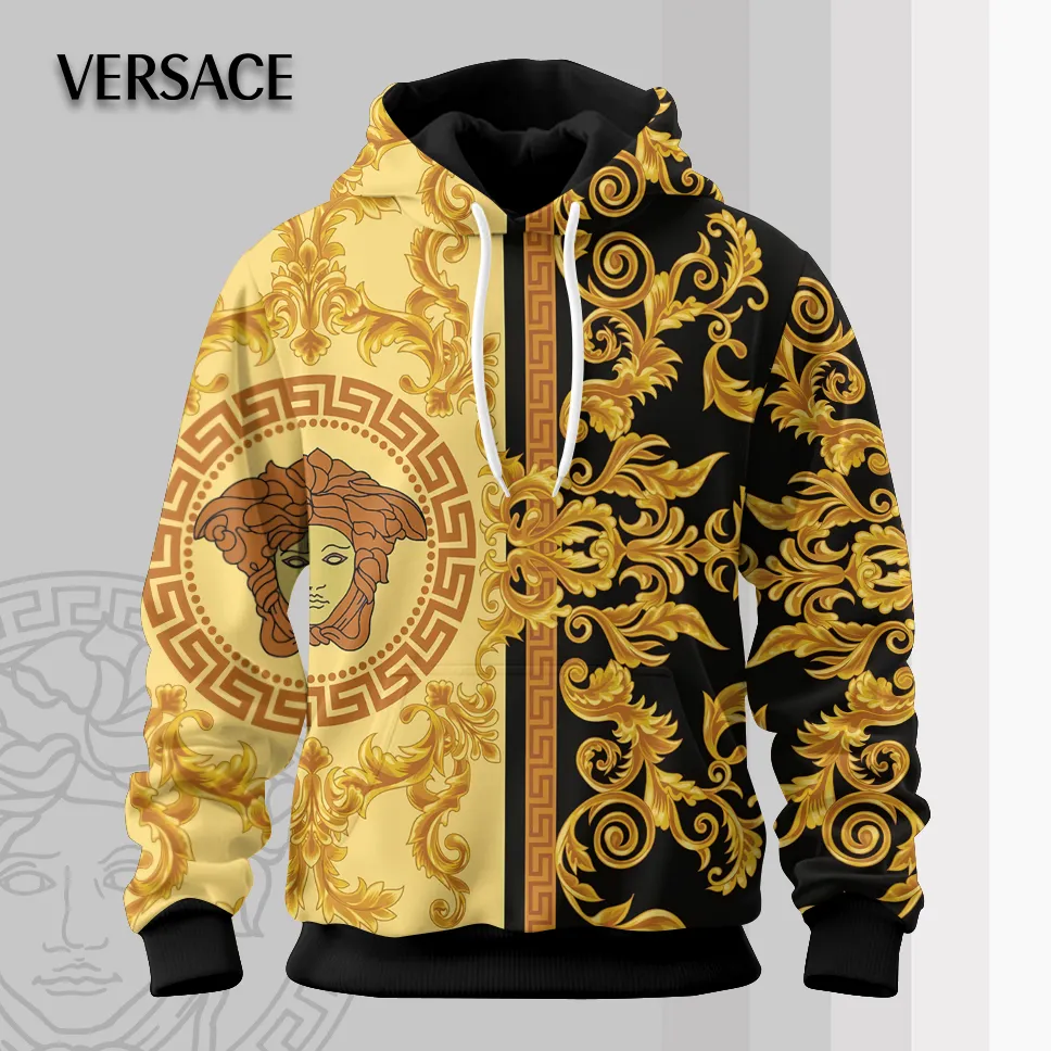 Versace Gold Medusa Pattern Black Luxury Brand Premium Unisex Hoodie Fashion Collection Style Outfit For Men Women