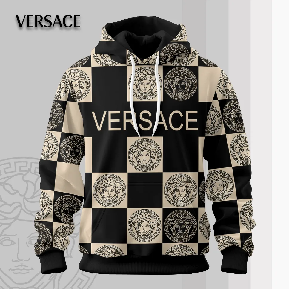 Versace Medusa Pattern Black Beige Luxury Brand Premium Unisex Hoodie Fashion Collection Style Outfit For Men Women