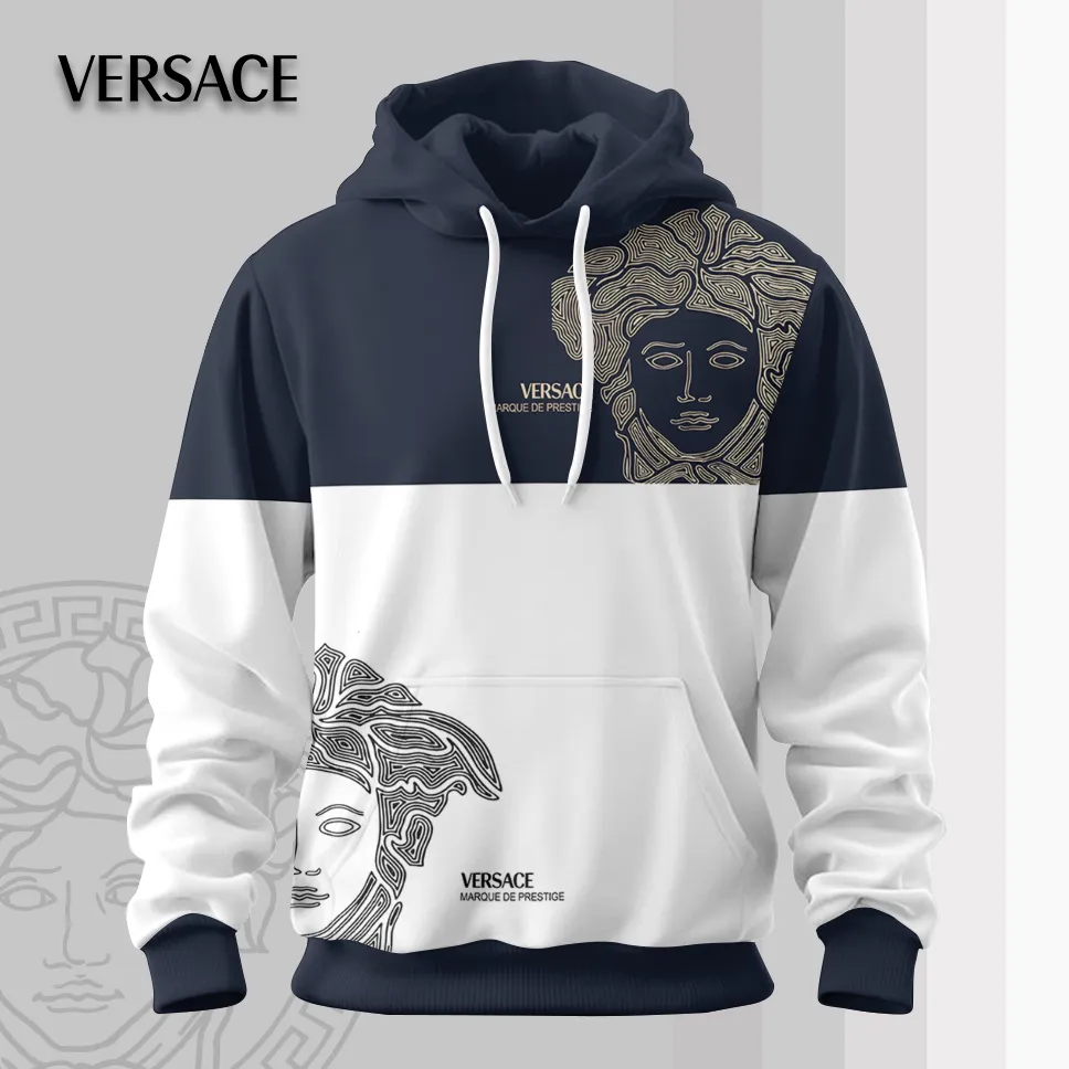 Versace Medusa Pattern Blue White Luxury Brand Premium Unisex Hoodie Fashion Collection Style Outfit For Men Women